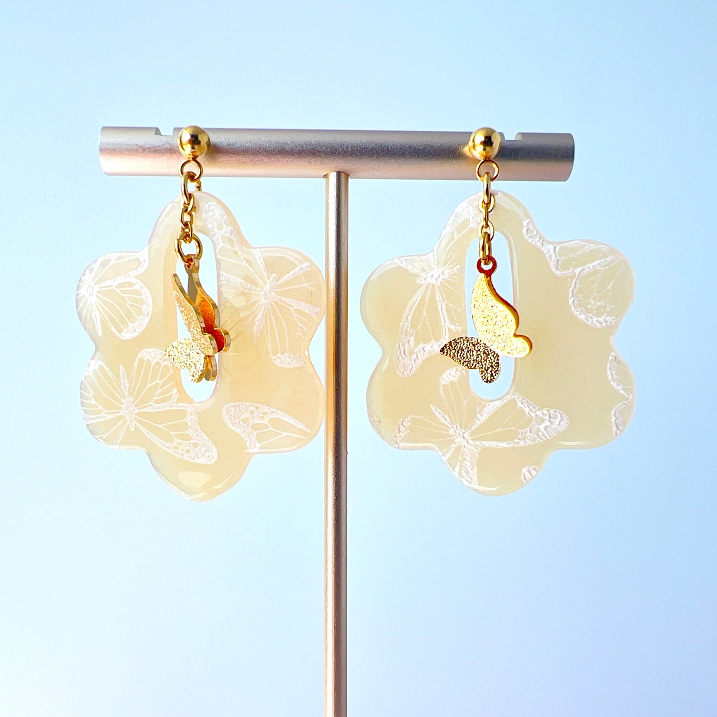 Butterfly Bloom Earrings – Silkscreened Clay & Gold Charms