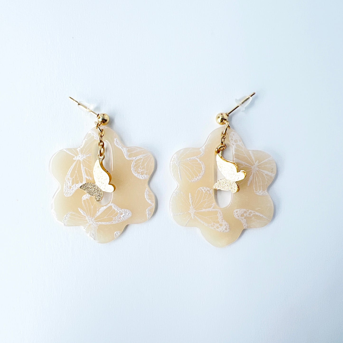 Butterfly Bloom Earrings – Silkscreened Clay & Gold Charms