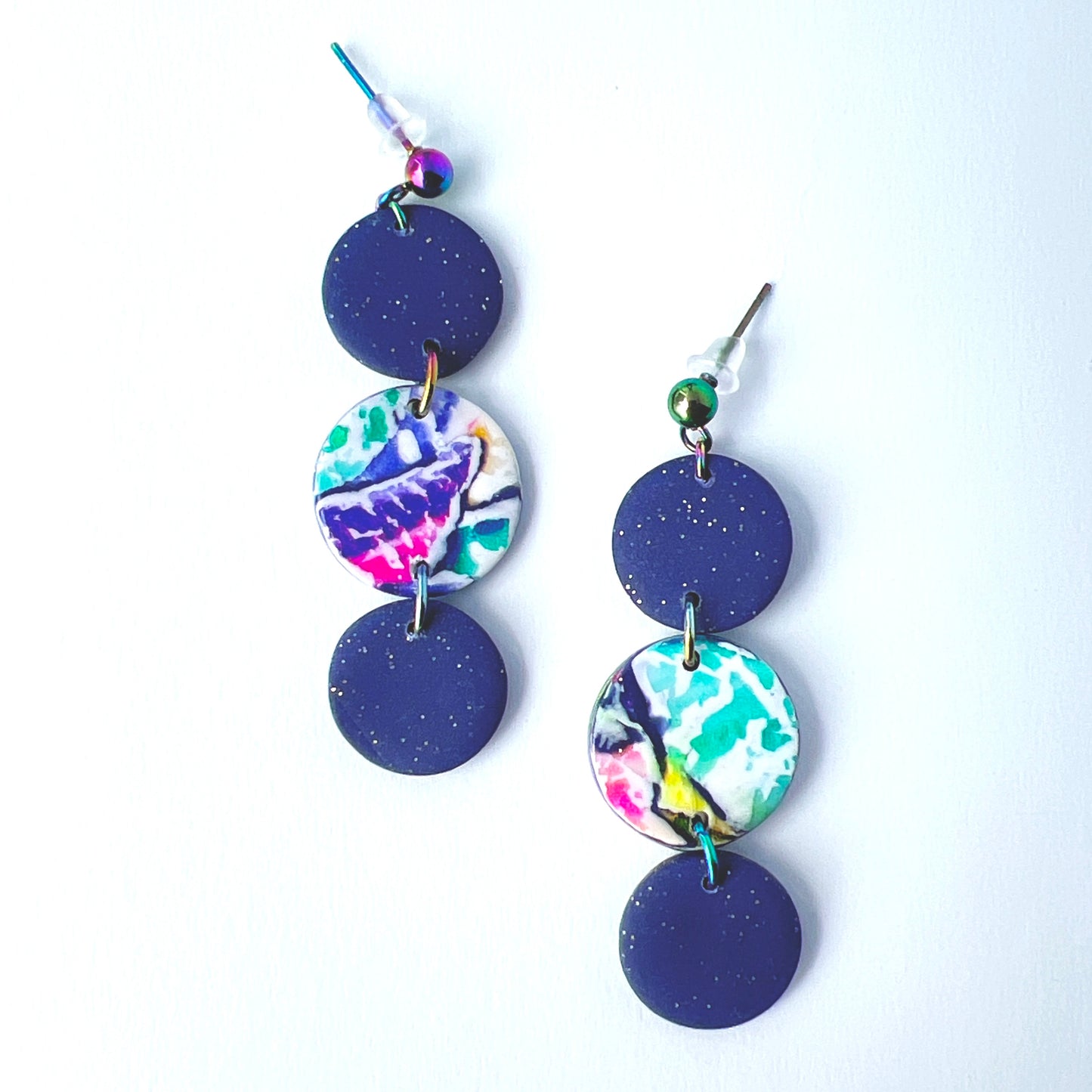 Purple Galaxy Dot Drop Earrings – Polymer Clay & Rainbow Posts