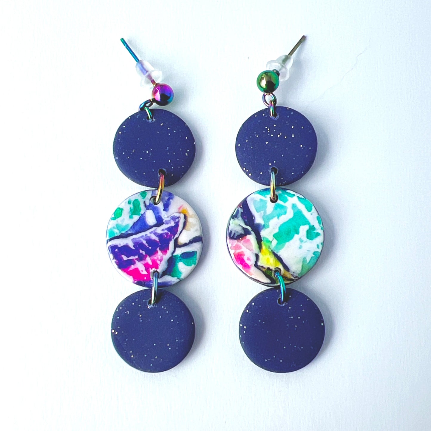 Purple Galaxy Dot Drop Earrings – Polymer Clay & Rainbow Posts