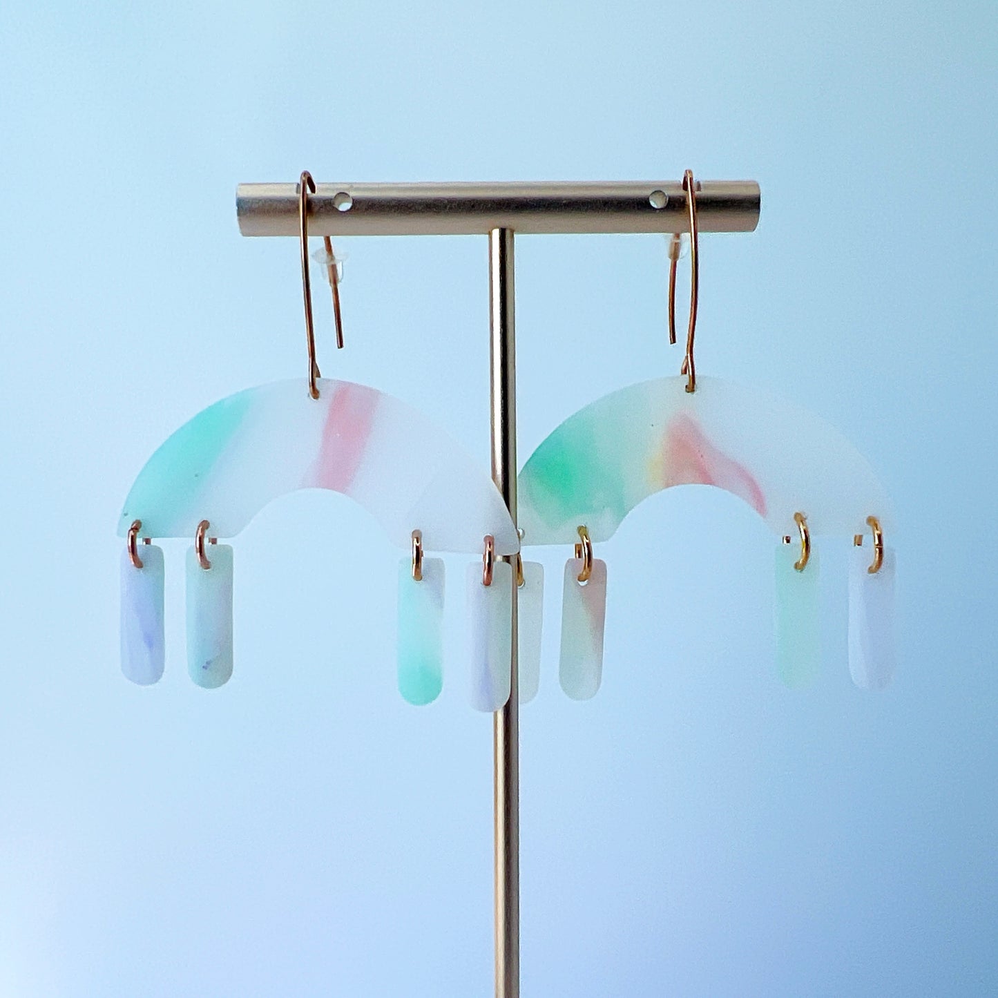 Pastel Arch Dangle Earrings – Semi-Transparent Clay & Rose Gold
