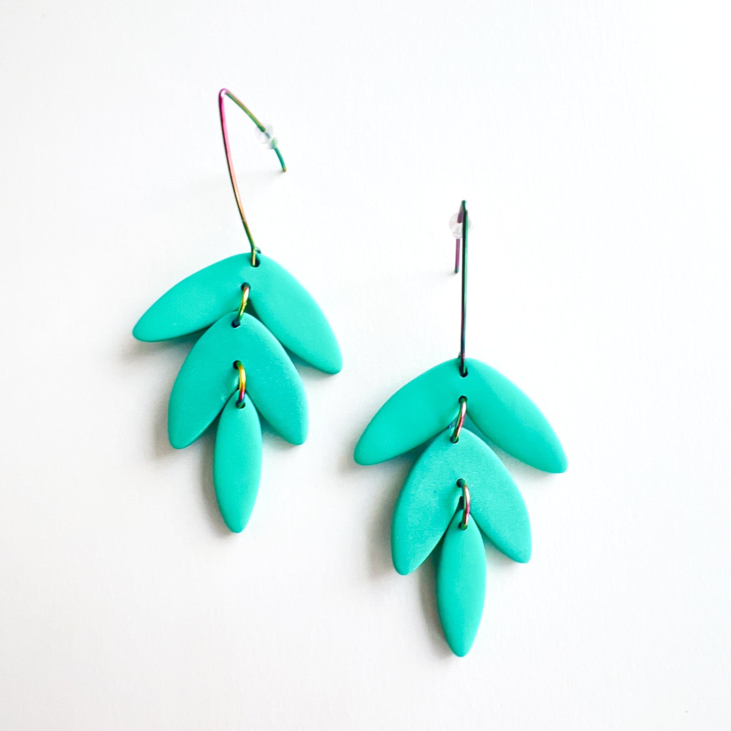 Turquoise Leaf Dangle Earrings – Polymer Clay & Rainbow V Earwires