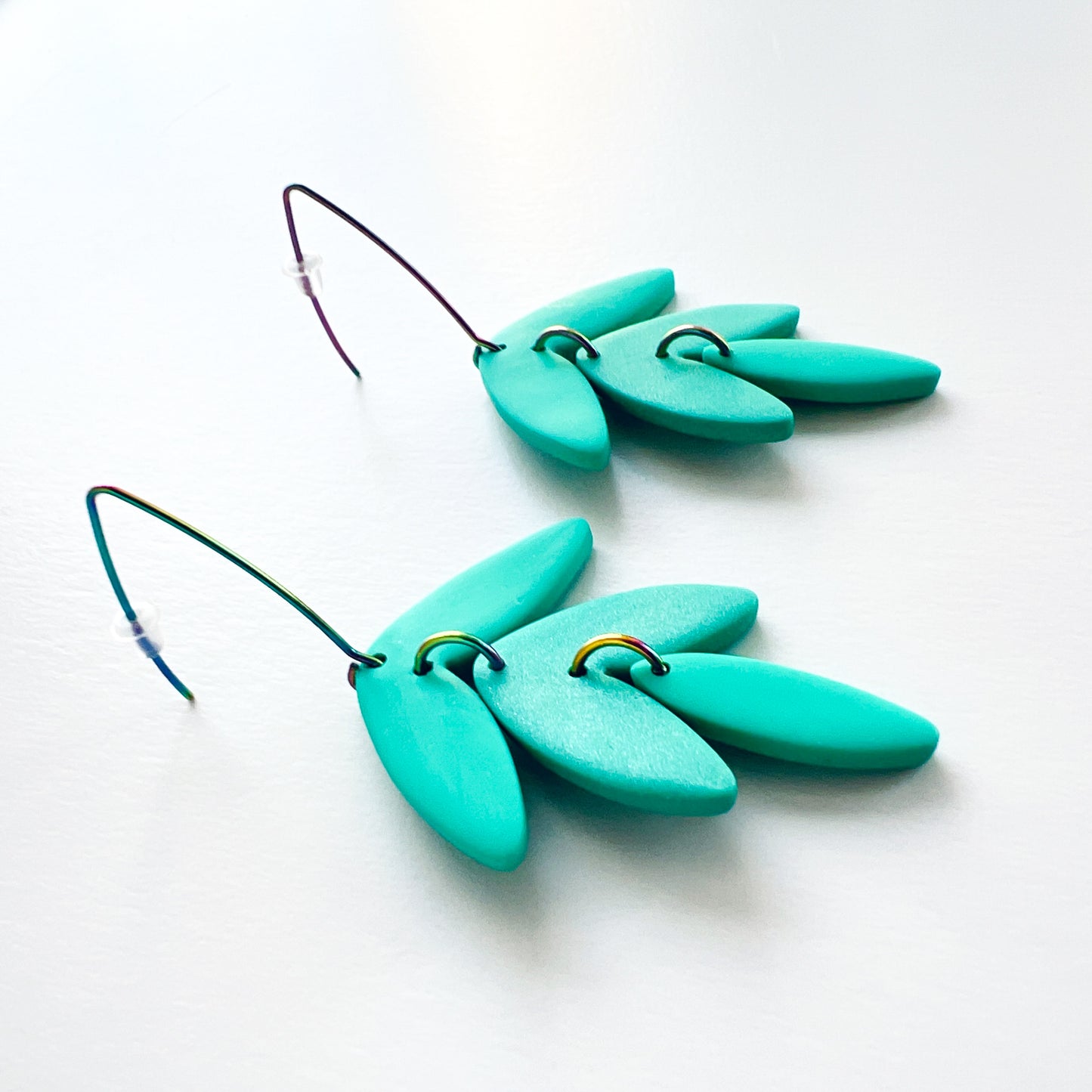 Turquoise Leaf Dangle Earrings – Polymer Clay & Rainbow V Earwires