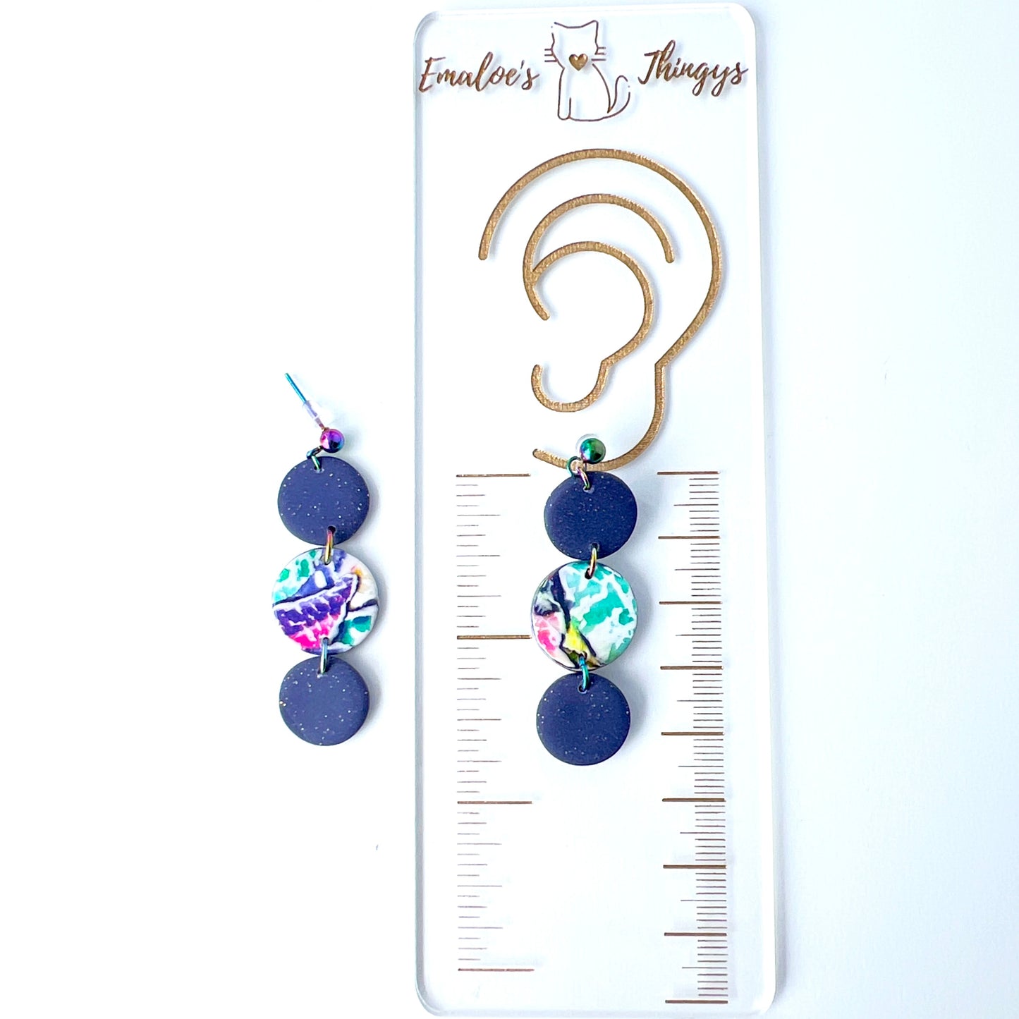 Purple Galaxy Dot Drop Earrings – Polymer Clay & Rainbow Posts