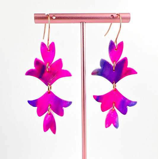 Bright Pink, Purple, Blue Silver Floral Leaf Earrings