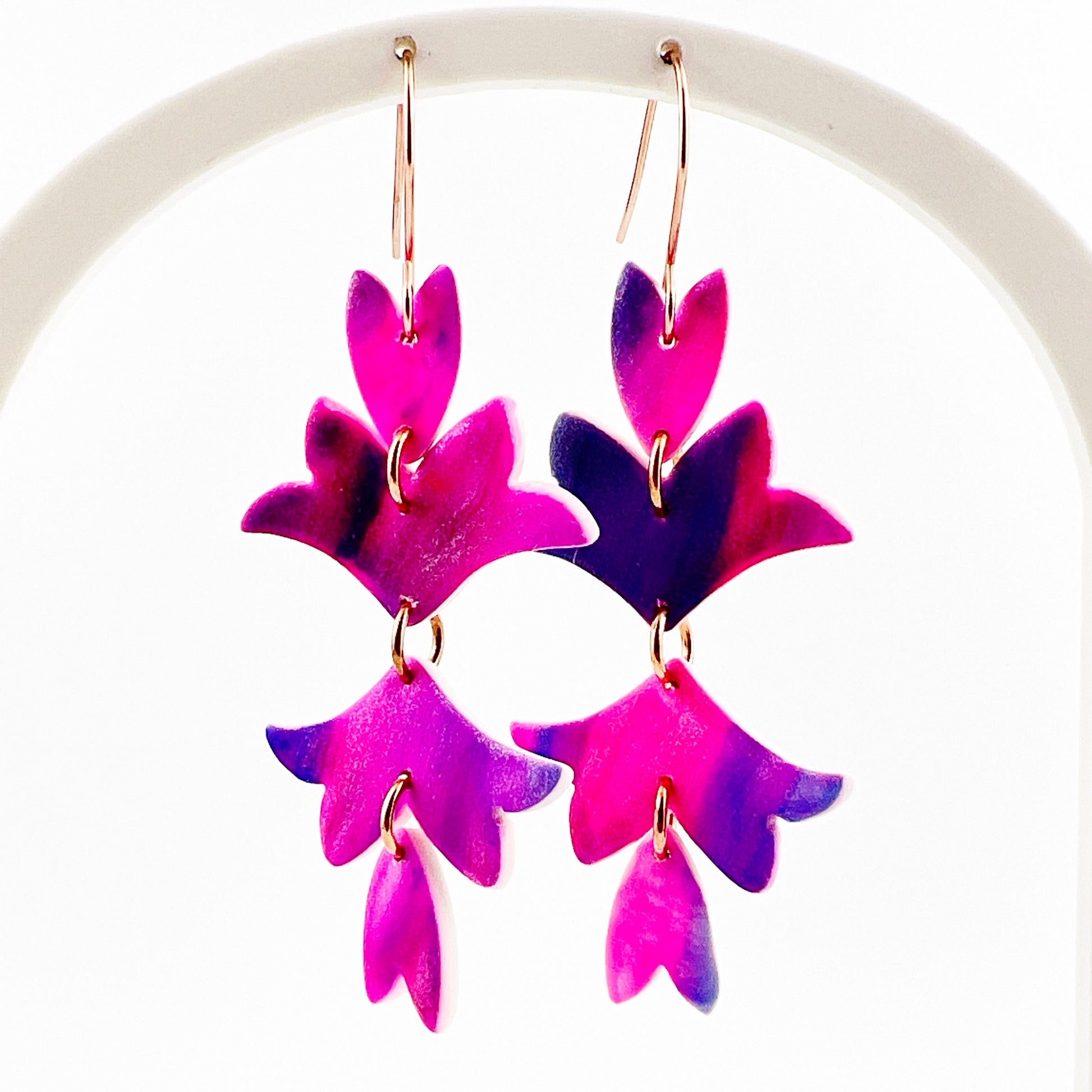 Bright Pink, Purple, Blue Silver Floral Leaf Earrings