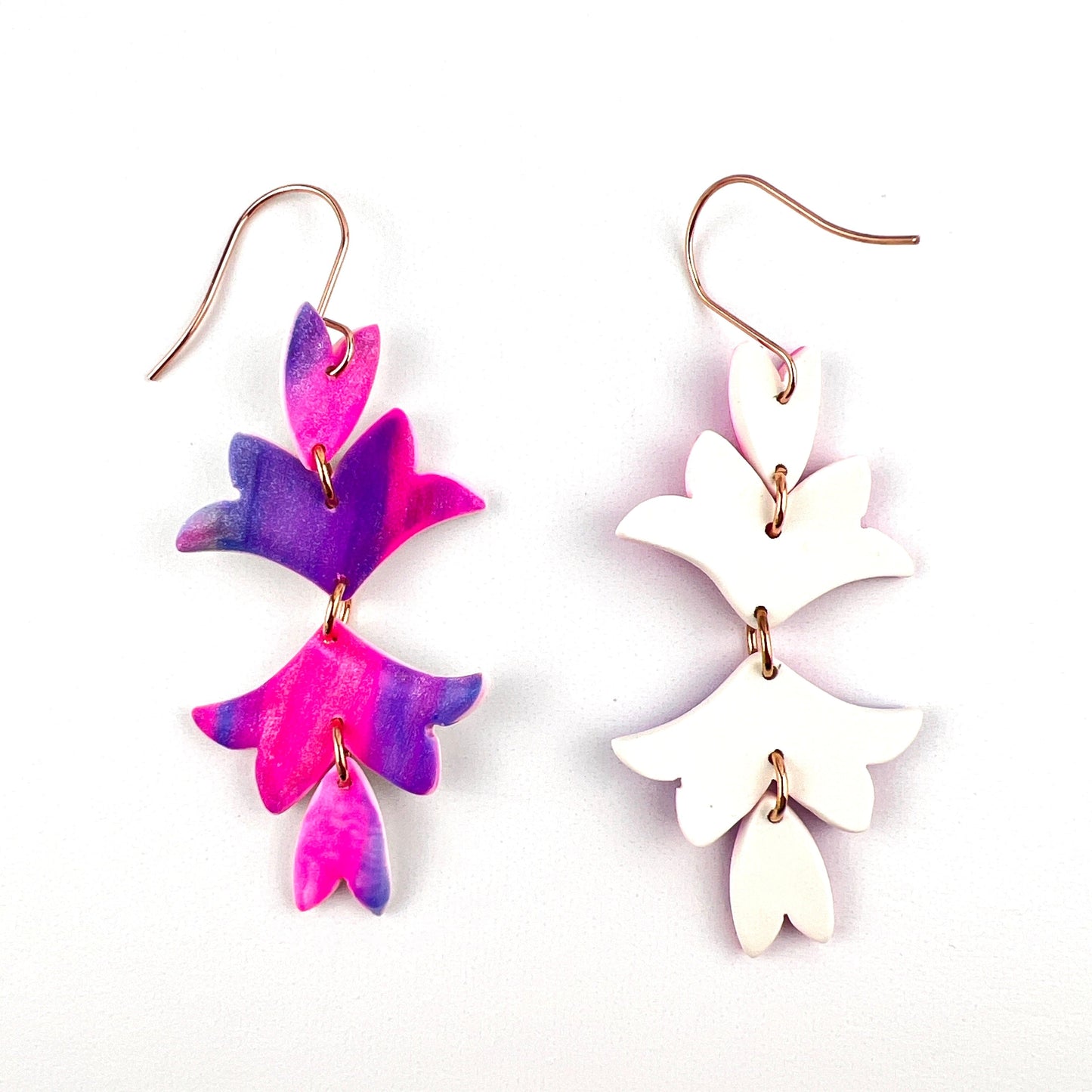 Bright Pink, Purple, Blue Silver Floral Leaf Earrings