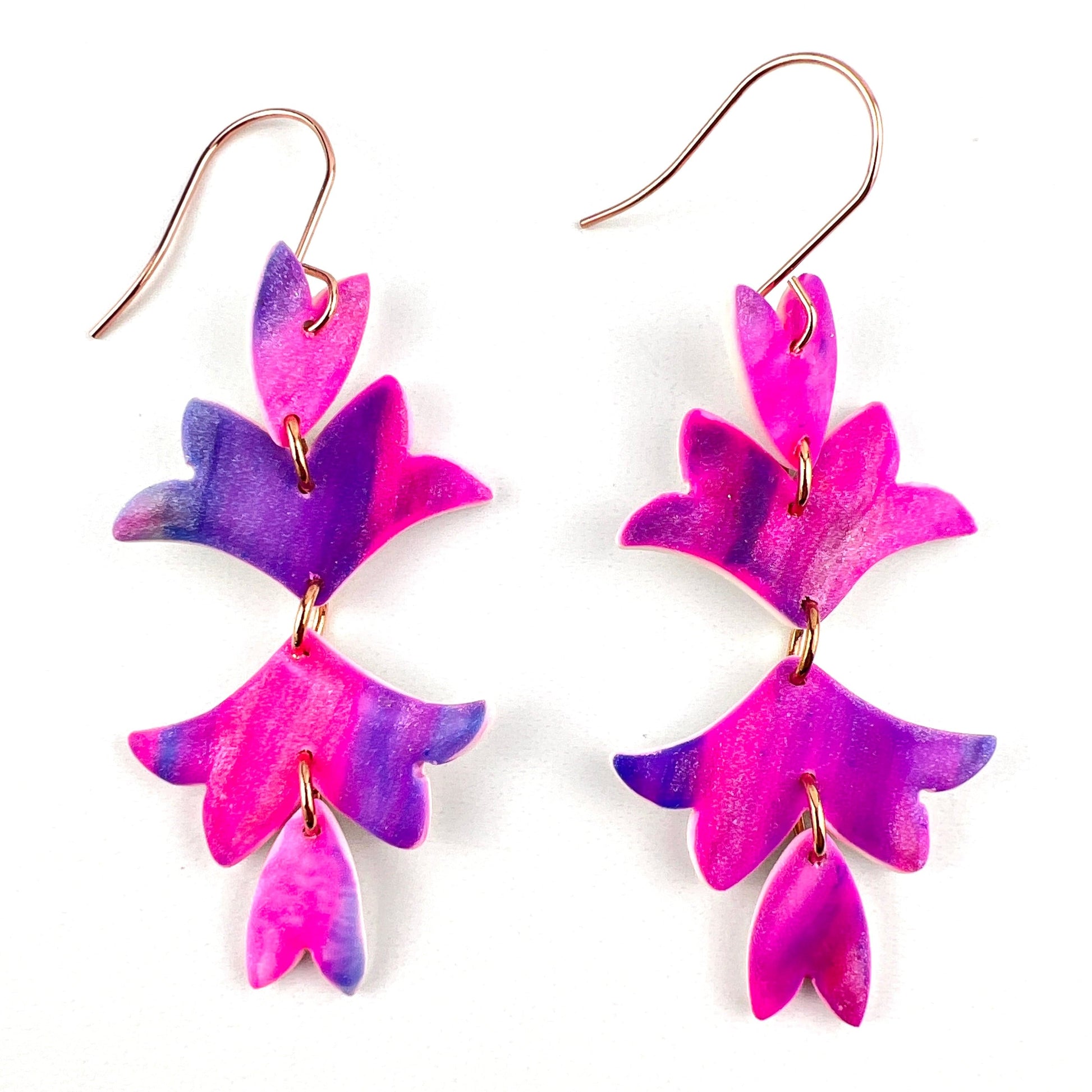 Bright Pink, Purple, Blue Silver Floral Leaf Earrings