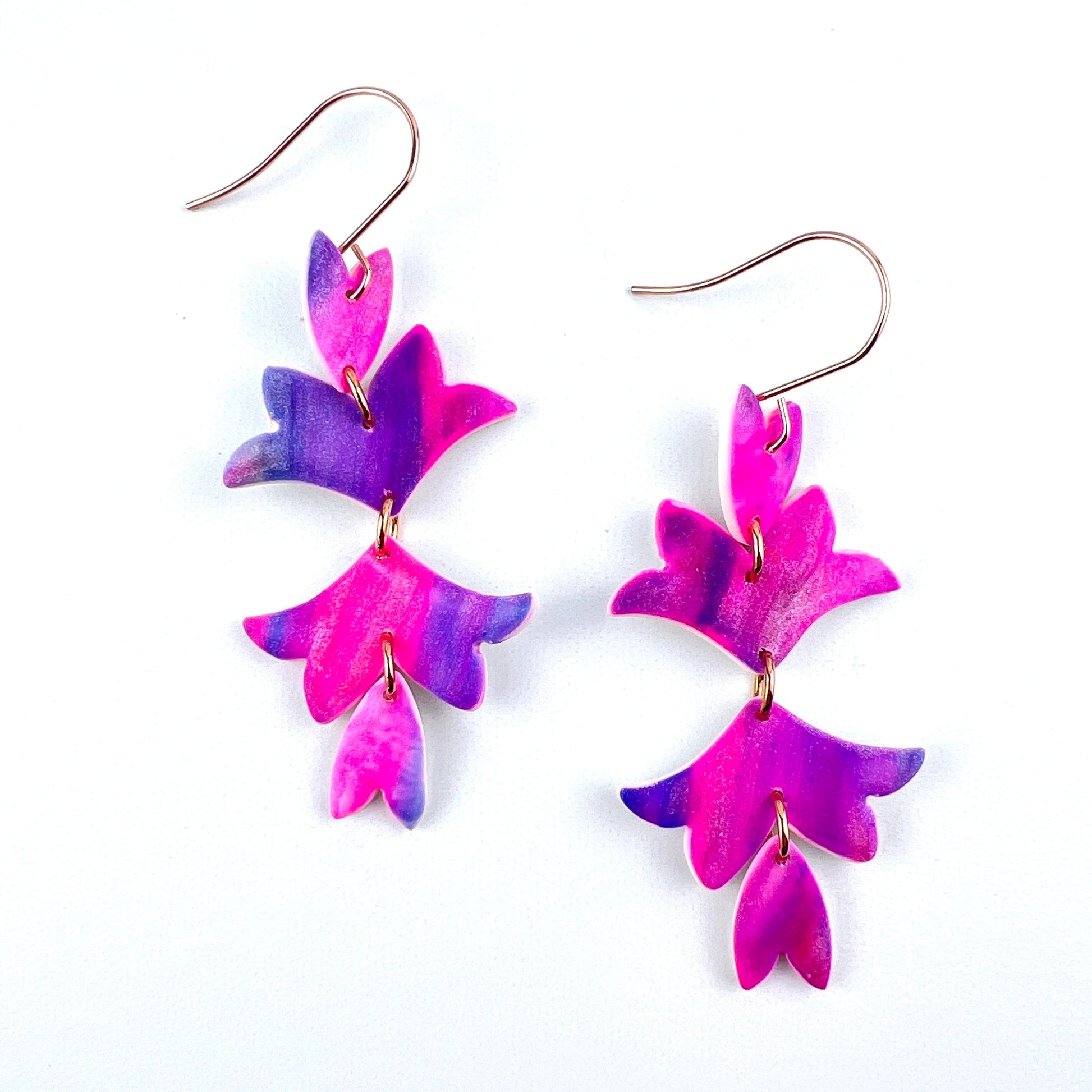 Bright Pink, Purple, Blue Silver Floral Leaf Earrings