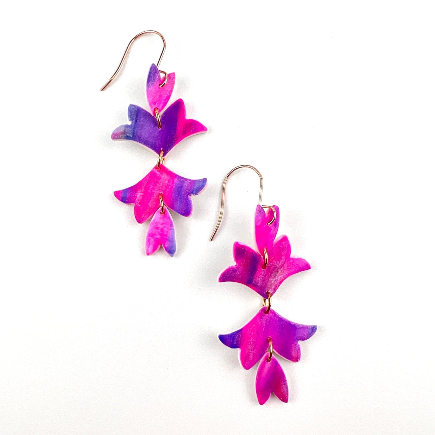 Bright Pink, Purple, Blue Silver Floral Leaf Earrings