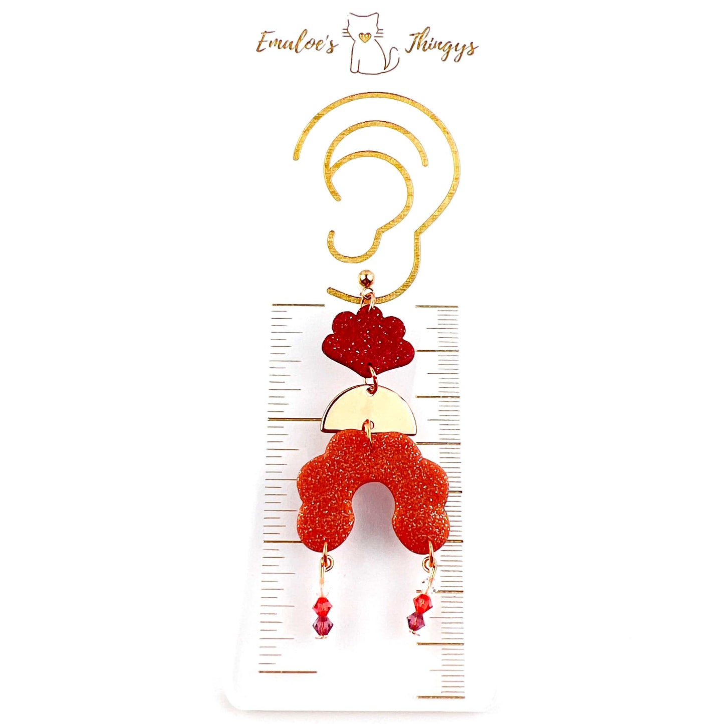 Earrings Angelica - Burgundy Clay Scallops, Rose Gold Half Moons & Rose Gold Scalloped Arches with Beaded Crystal Dangle Earrings