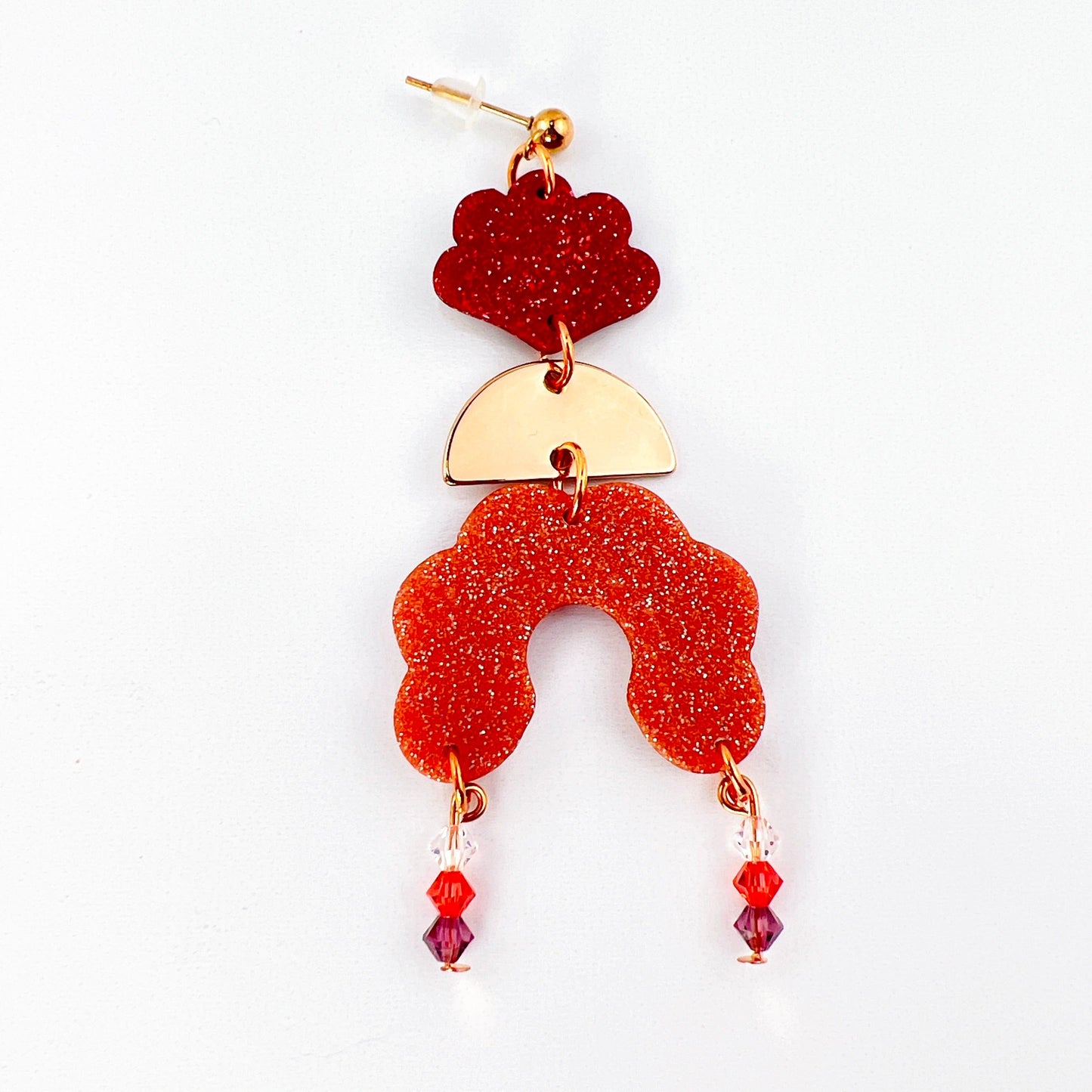 Earrings Angelica - Burgundy Clay Scallops, Rose Gold Half Moons & Rose Gold Scalloped Arches with Beaded Crystal Dangle Earrings