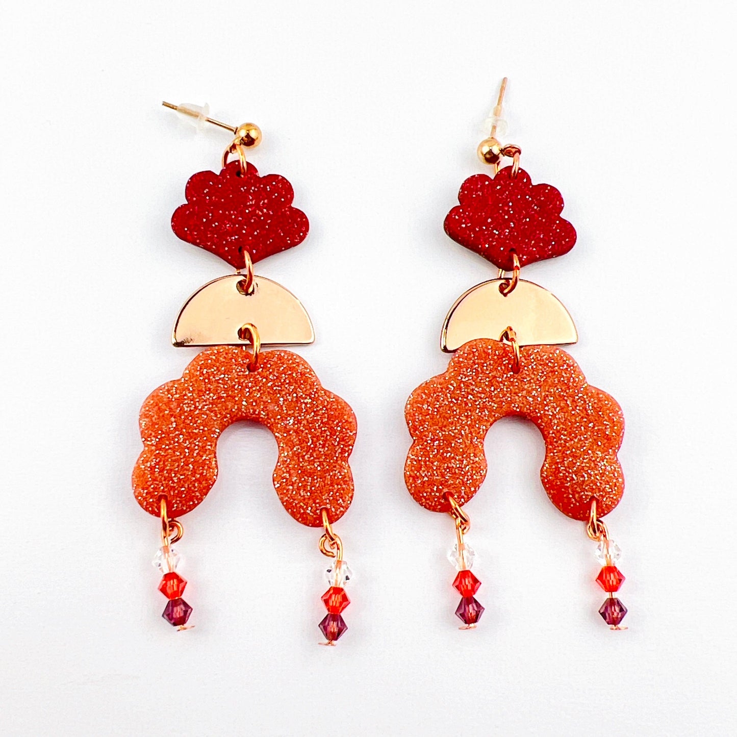 Earrings Angelica - Burgundy Clay Scallops, Rose Gold Half Moons & Rose Gold Scalloped Arches with Beaded Crystal Dangle Earrings