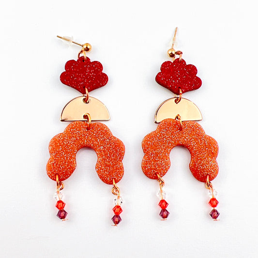 Earrings Angelica - Burgundy Clay Scallops, Rose Gold Half Moons & Rose Gold Scalloped Arches with Beaded Crystal Dangle Earrings