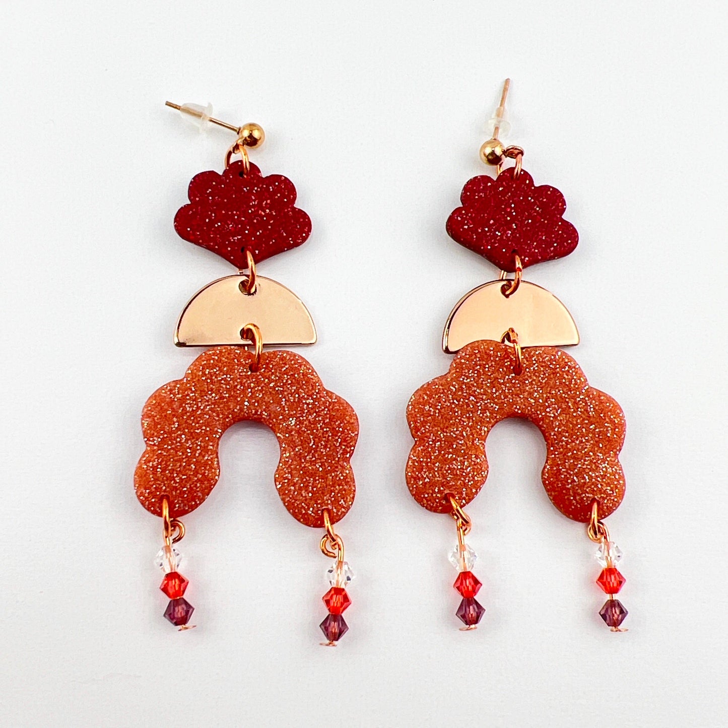 Earrings Angelica - Burgundy Clay Scallops, Rose Gold Half Moons & Rose Gold Scalloped Arches with Beaded Crystal Dangle Earrings