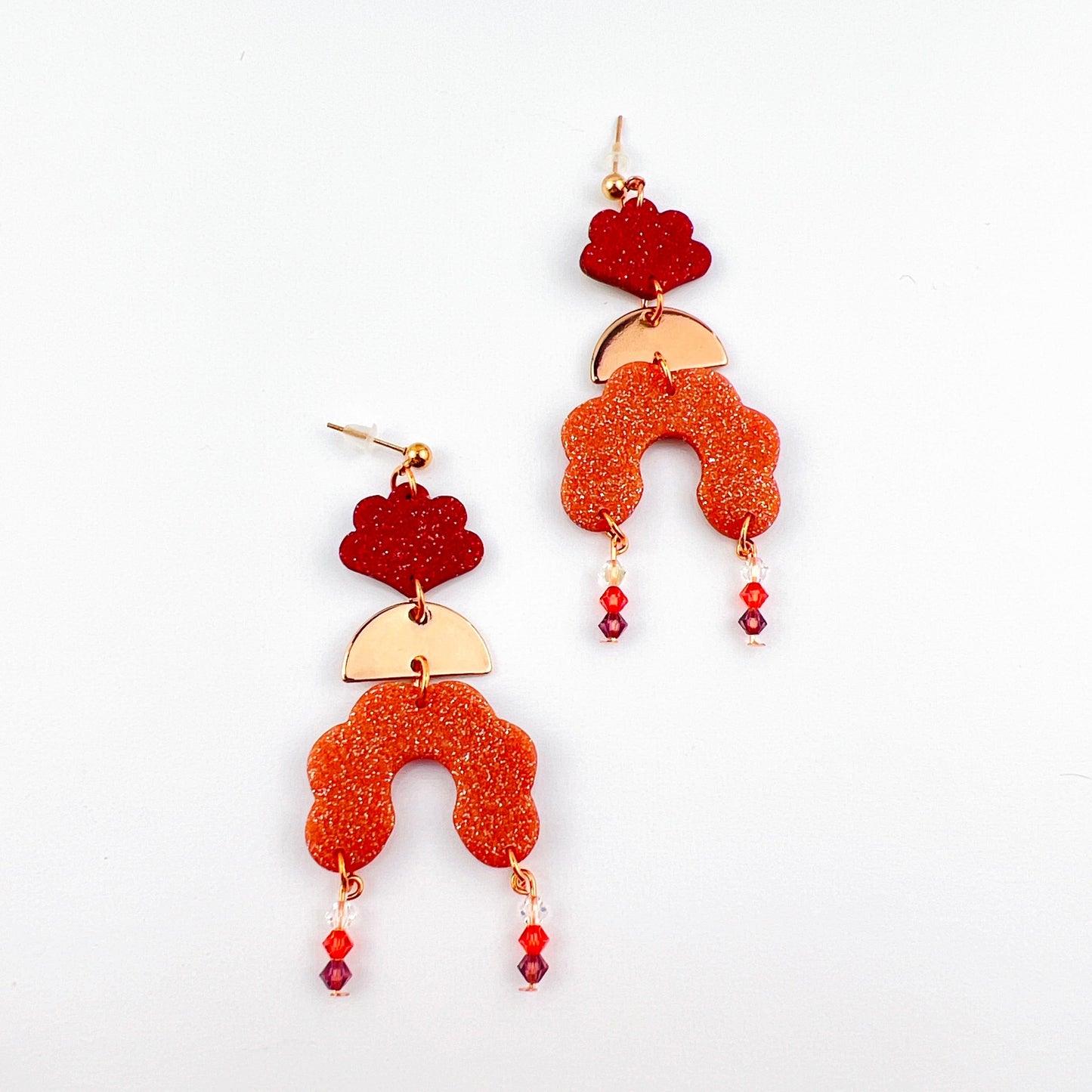 Earrings Angelica - Burgundy Clay Scallops, Rose Gold Half Moons & Rose Gold Scalloped Arches with Beaded Crystal Dangle Earrings