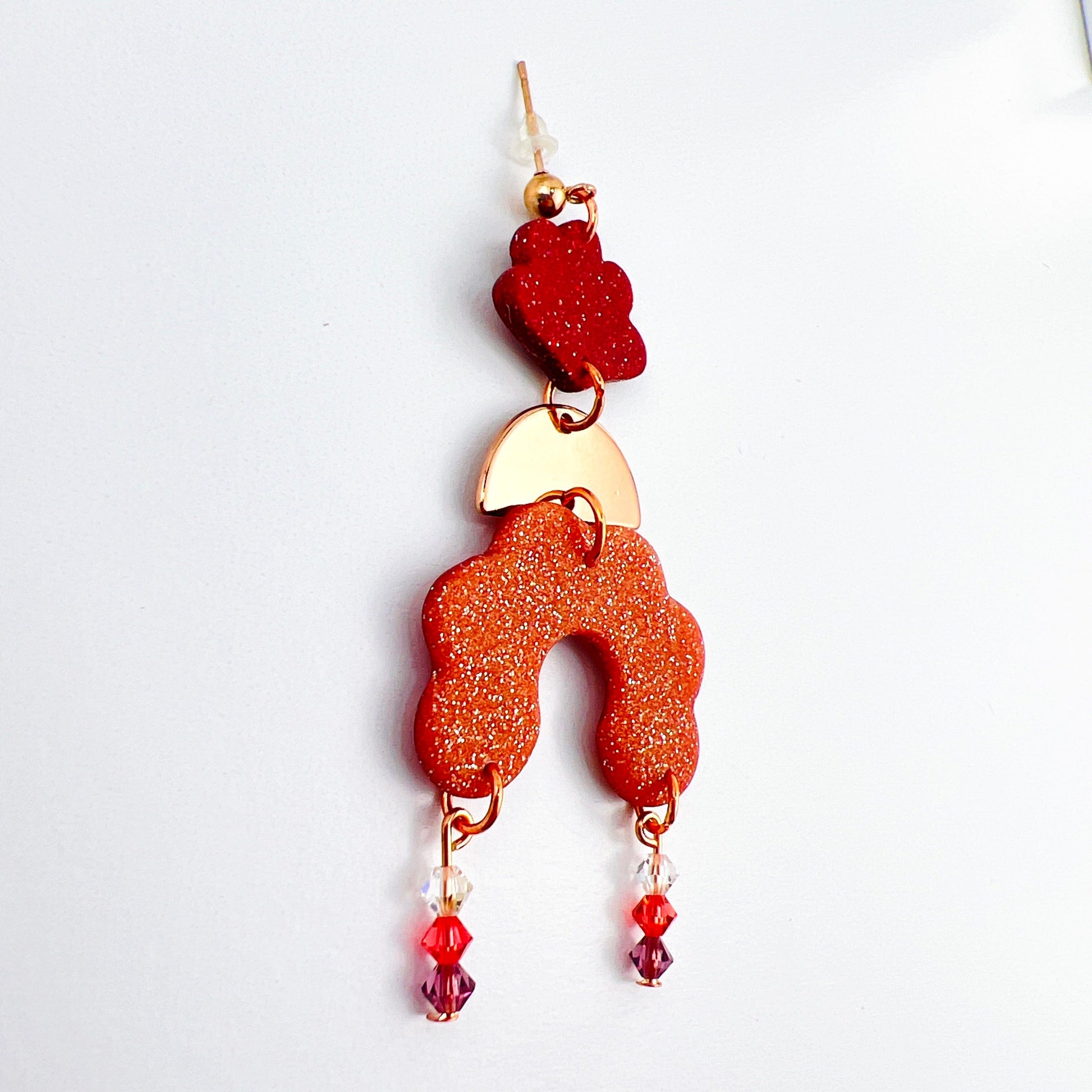 Earrings Angelica - Burgundy Clay Scallops, Rose Gold Half Moons & Rose Gold Scalloped Arches with Beaded Crystal Dangle Earrings