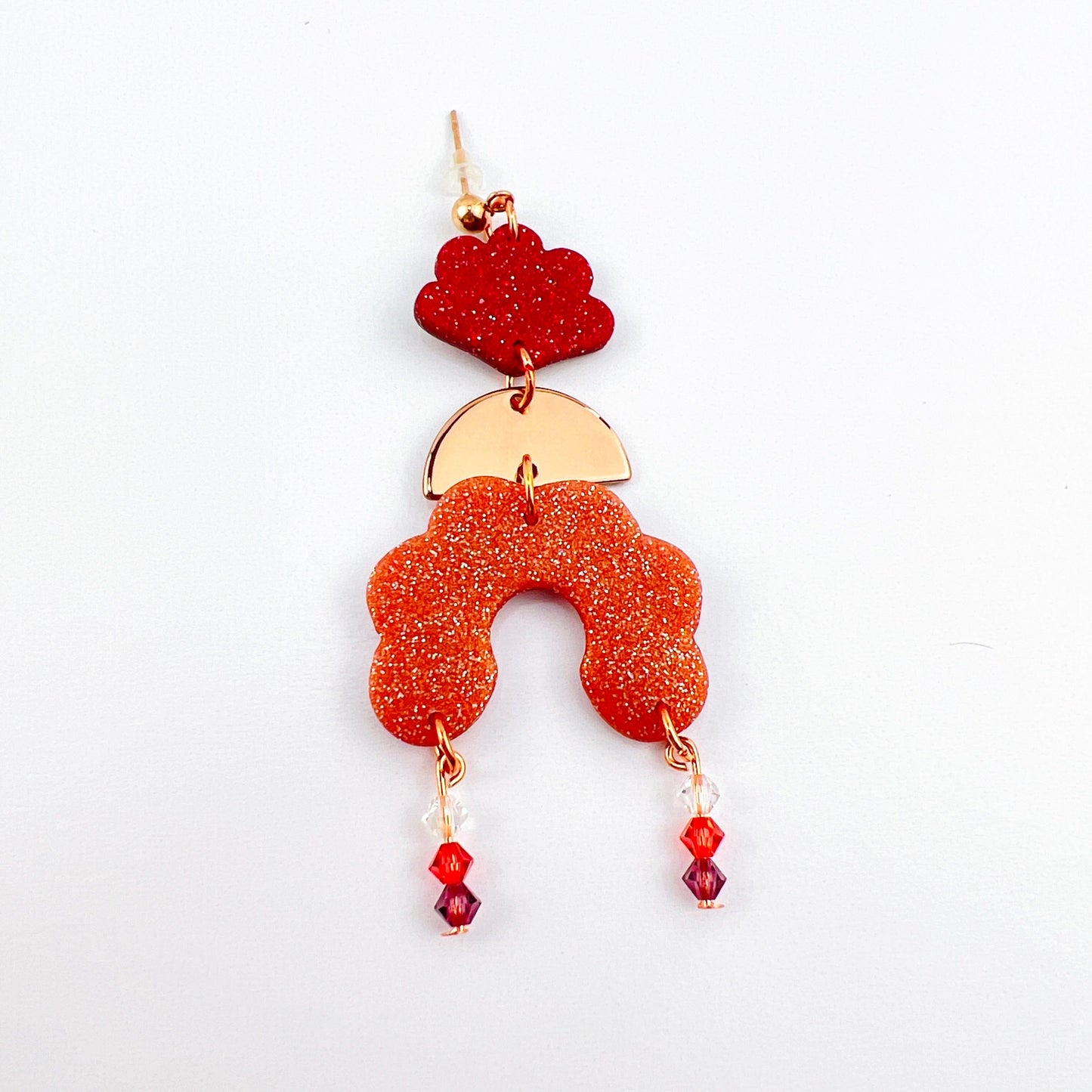 Earrings Angelica - Burgundy Clay Scallops, Rose Gold Half Moons & Rose Gold Scalloped Arches with Beaded Crystal Dangle Earrings