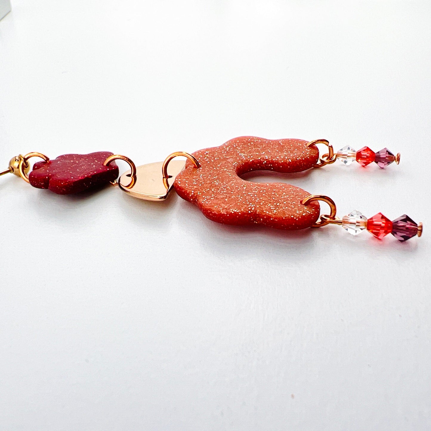 Earrings Angelica - Burgundy Clay Scallops, Rose Gold Half Moons & Rose Gold Scalloped Arches with Beaded Crystal Dangle Earrings