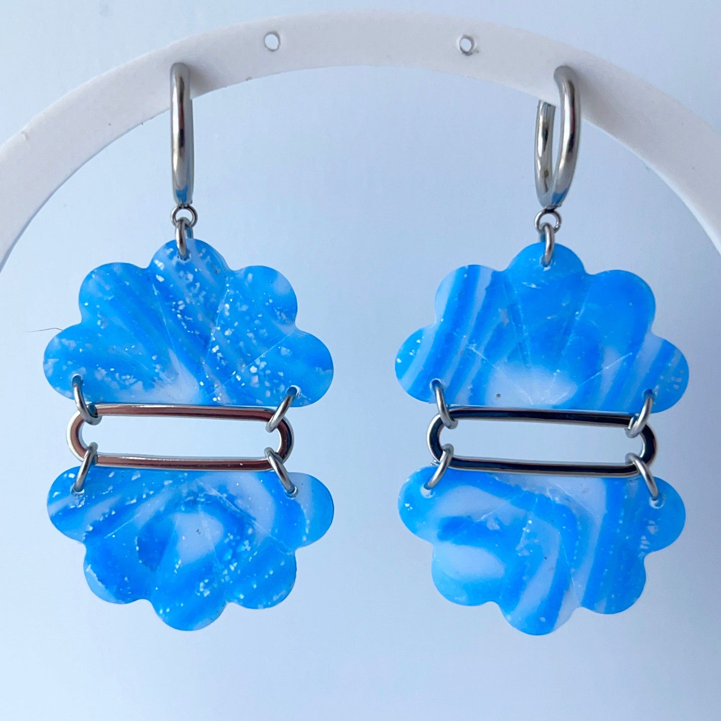Earrings Ocean Blue Swirls Floral Fan Dangle Earrings – Handmade Polymer Clay