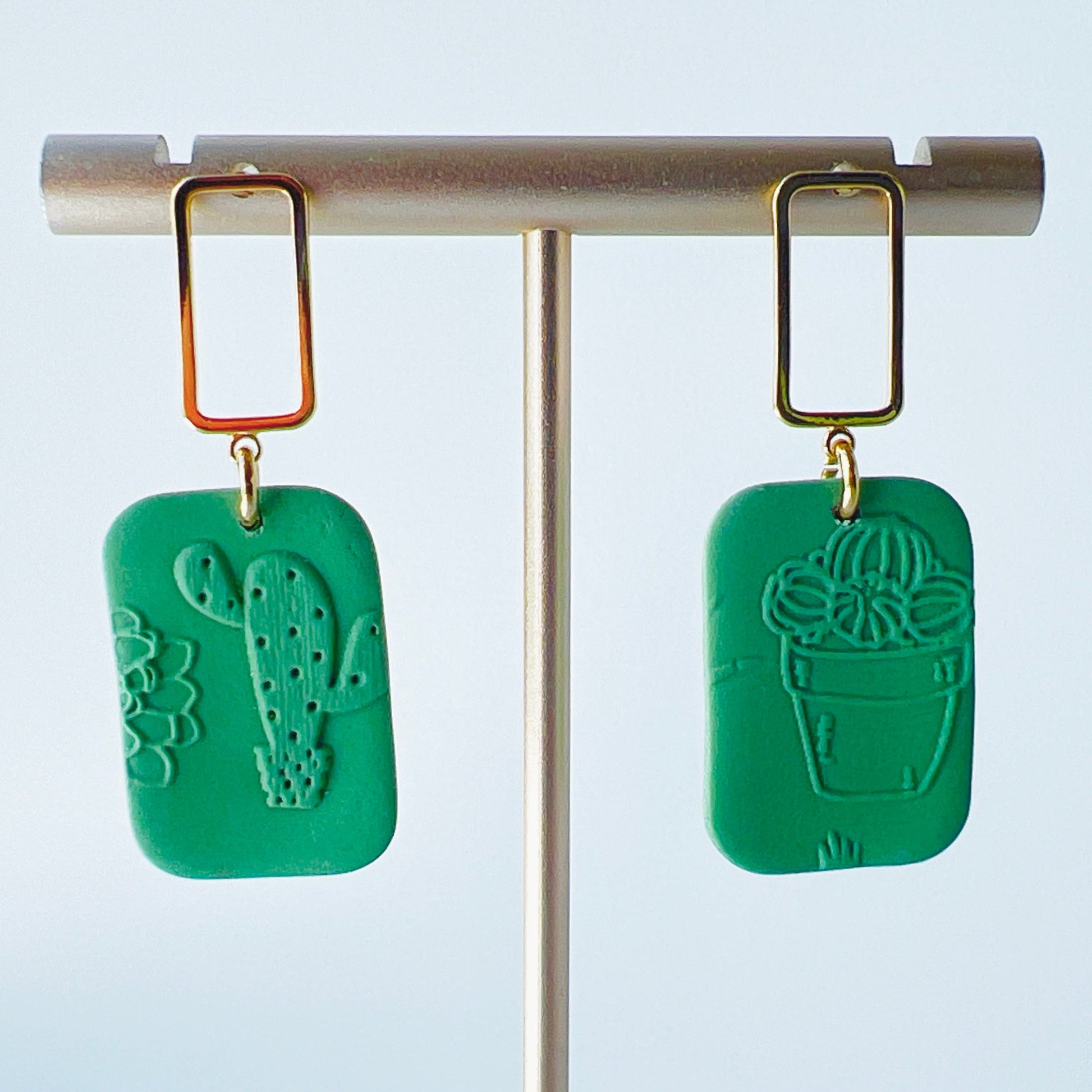 Earrings Gold & Green Rectangle Earrings with Embossed Succulent Pattern