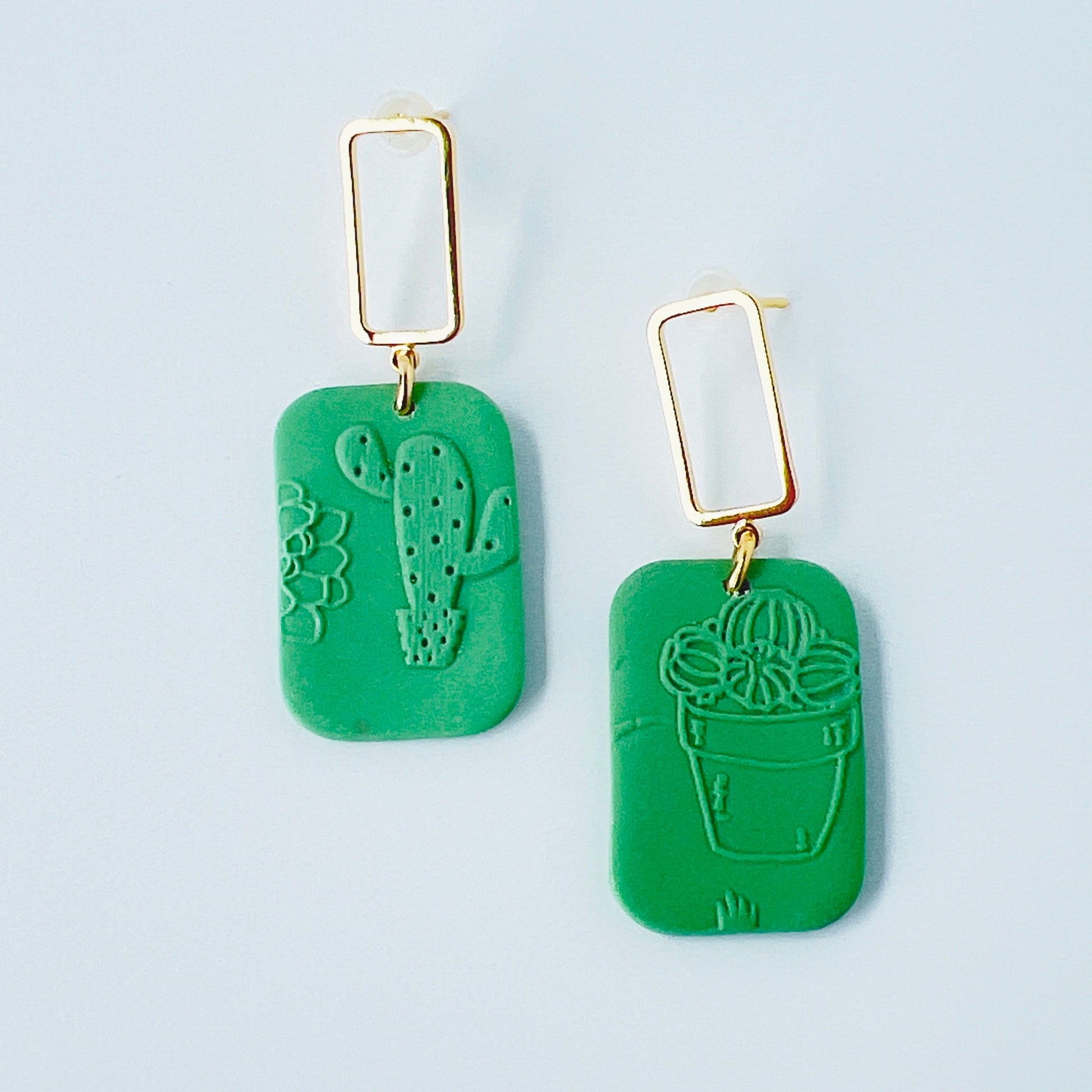 Earrings Gold & Green Rectangle Earrings with Embossed Succulent Pattern