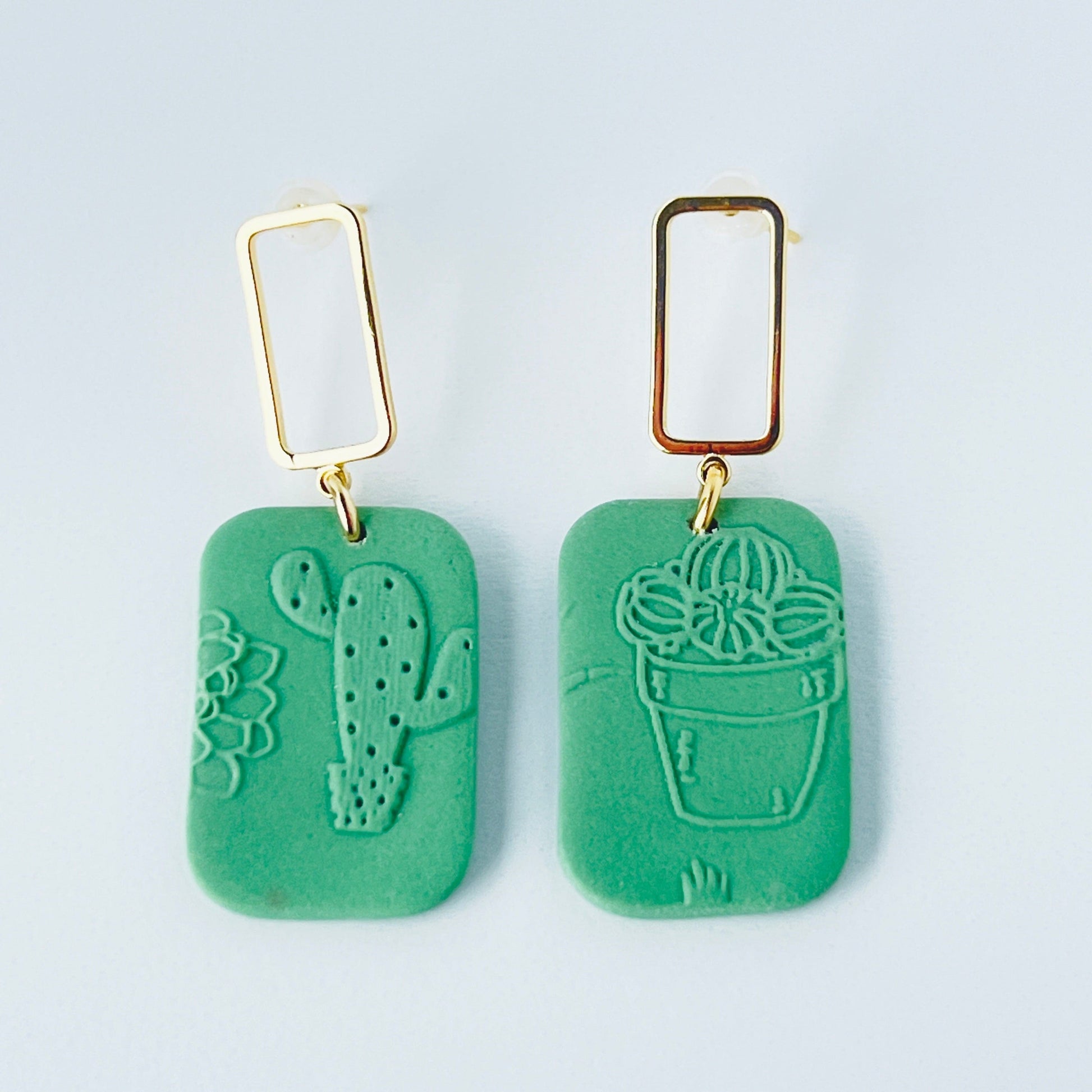 Earrings Gold & Green Rectangle Earrings with Embossed Succulent Pattern