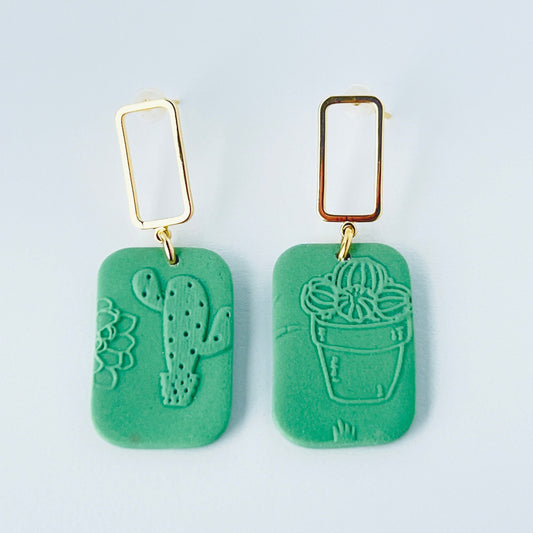 Earrings Gold & Green Rectangle Earrings with Embossed Succulent Pattern