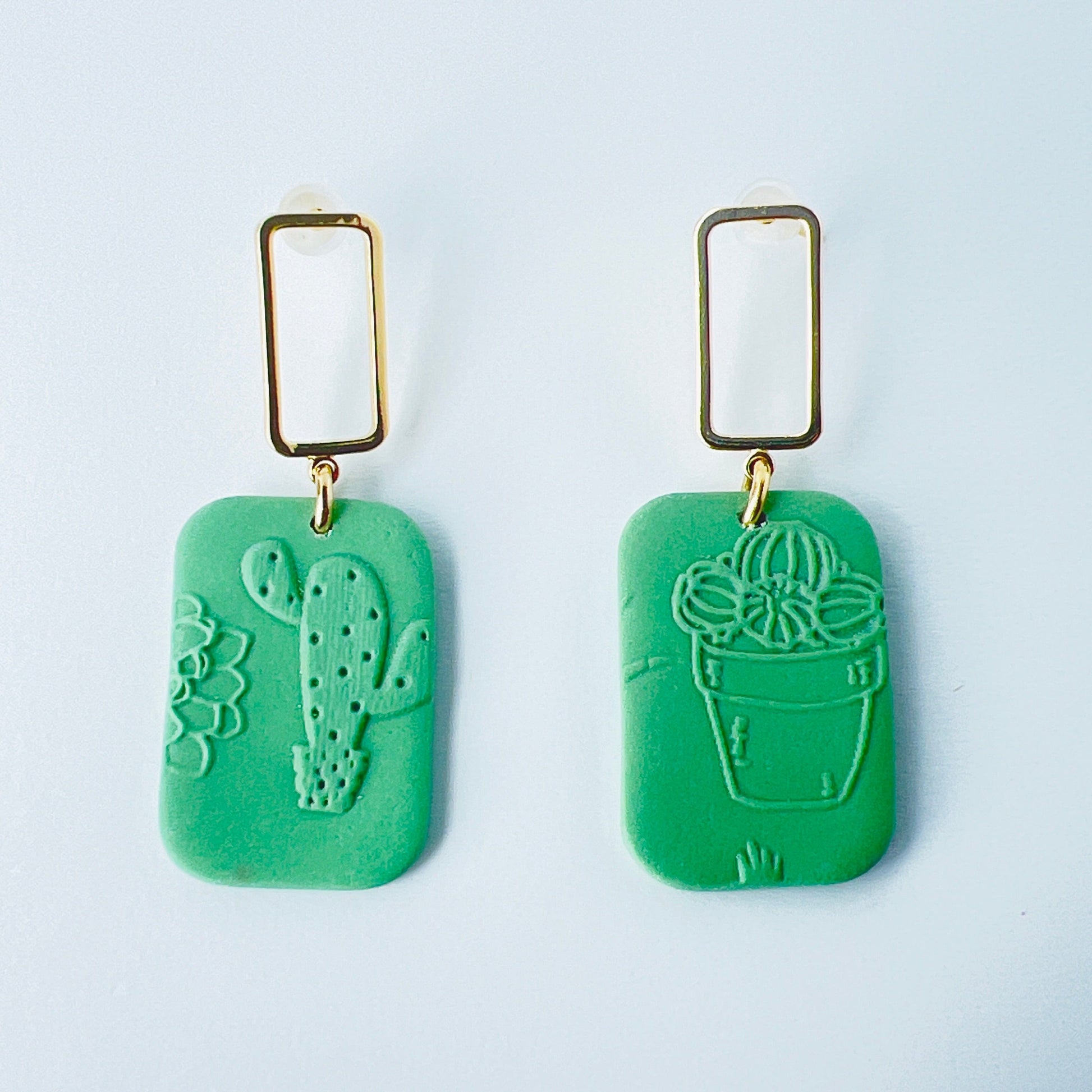 Earrings Gold & Green Rectangle Earrings with Embossed Succulent Pattern