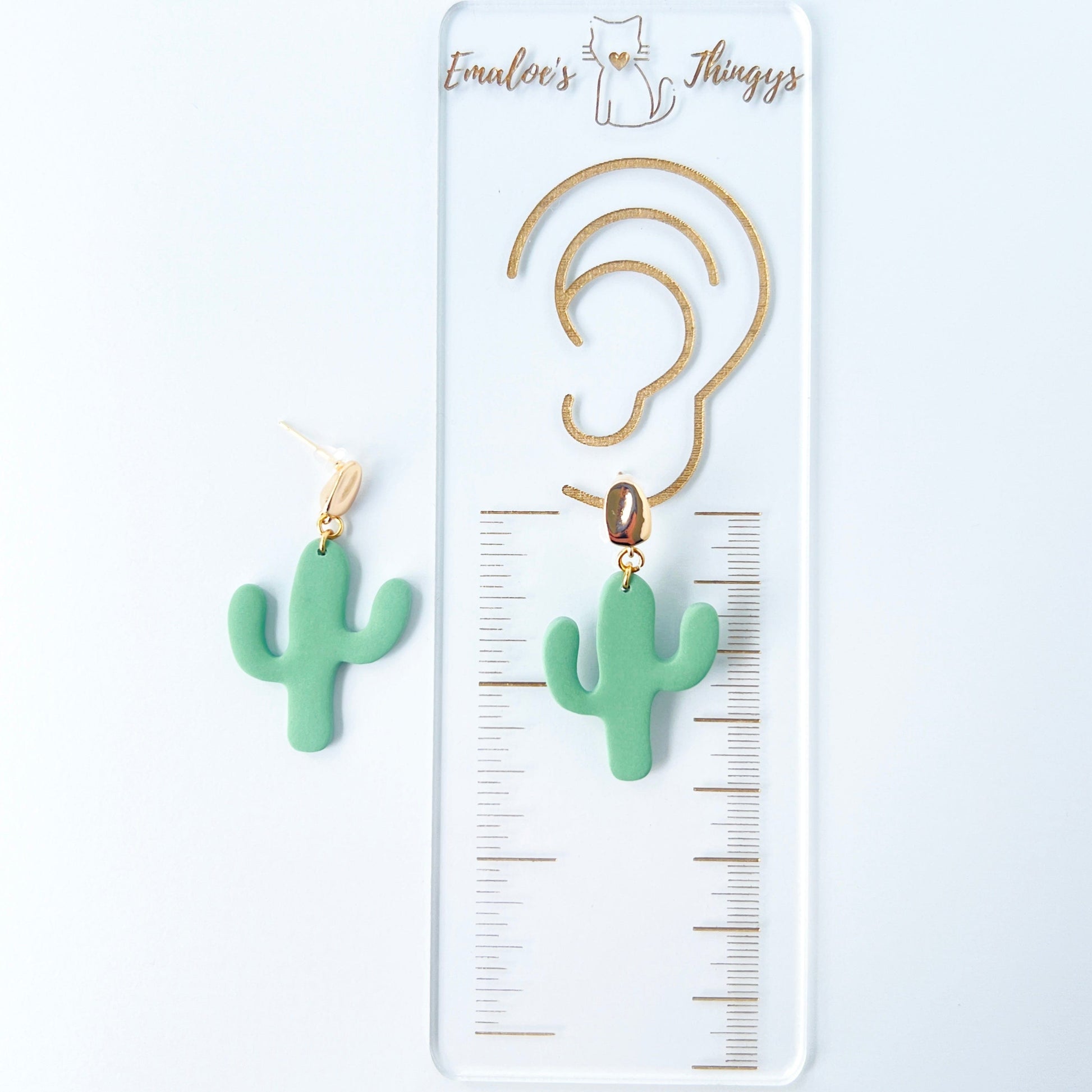 Earrings Gold Organic Posts with Green Cactus Earrings