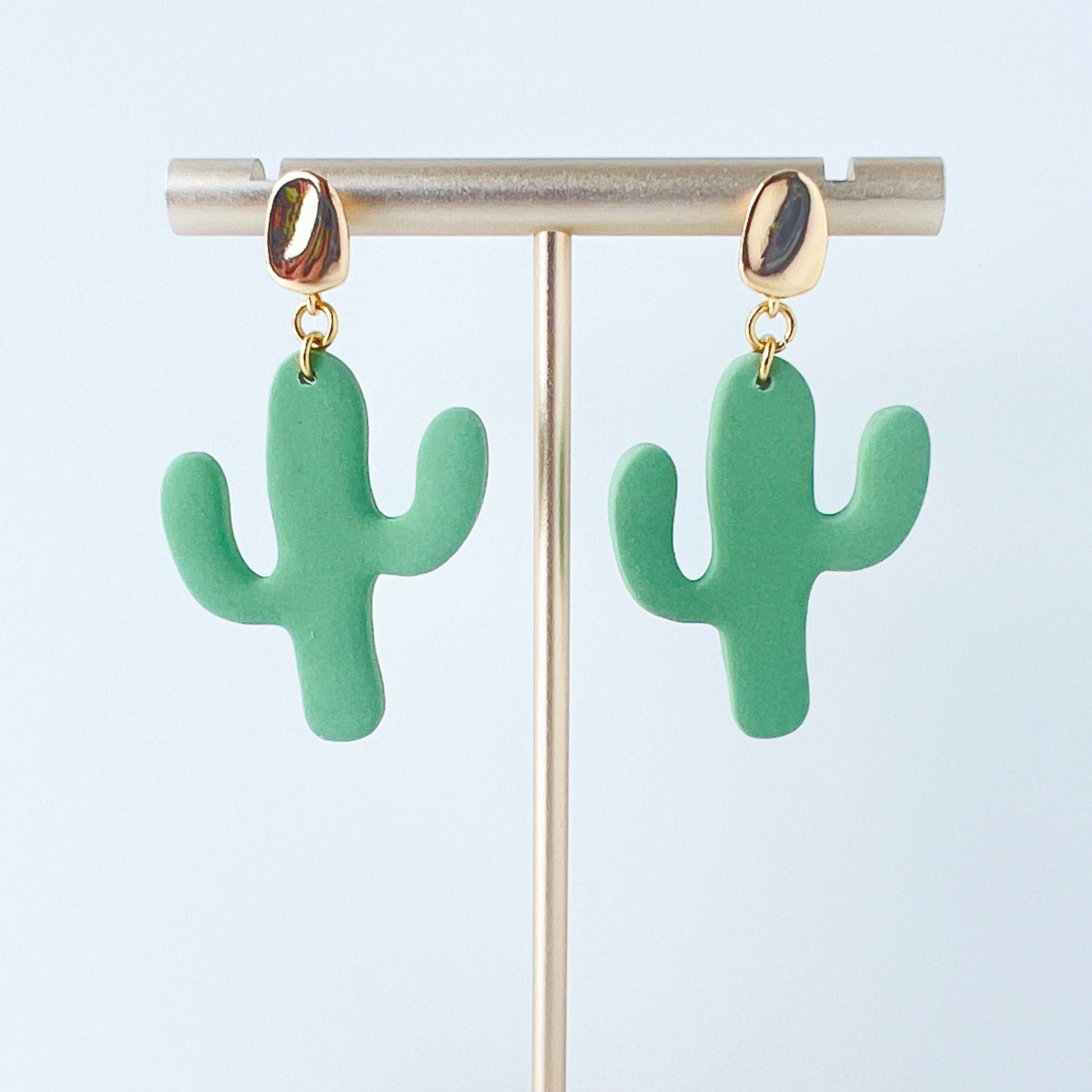 Earrings Gold Organic Posts with Green Cactus Earrings