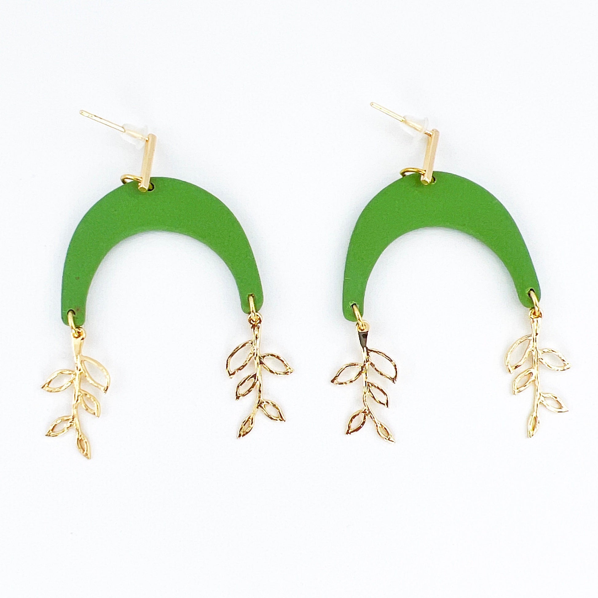 Earrings Green Arches with Gold Vine Charms Earrings