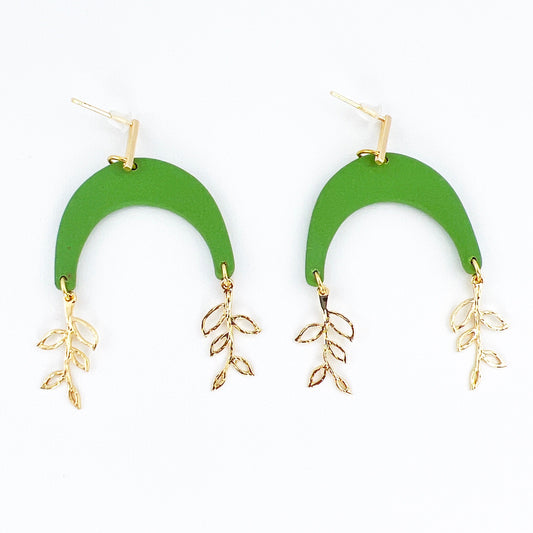 Earrings Green Arches with Gold Vine Charms Earrings
