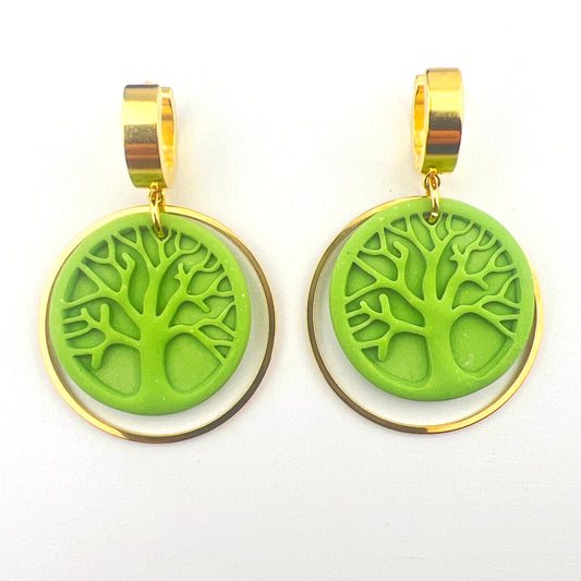 Earrings Green Tree of Life Circle Earrings