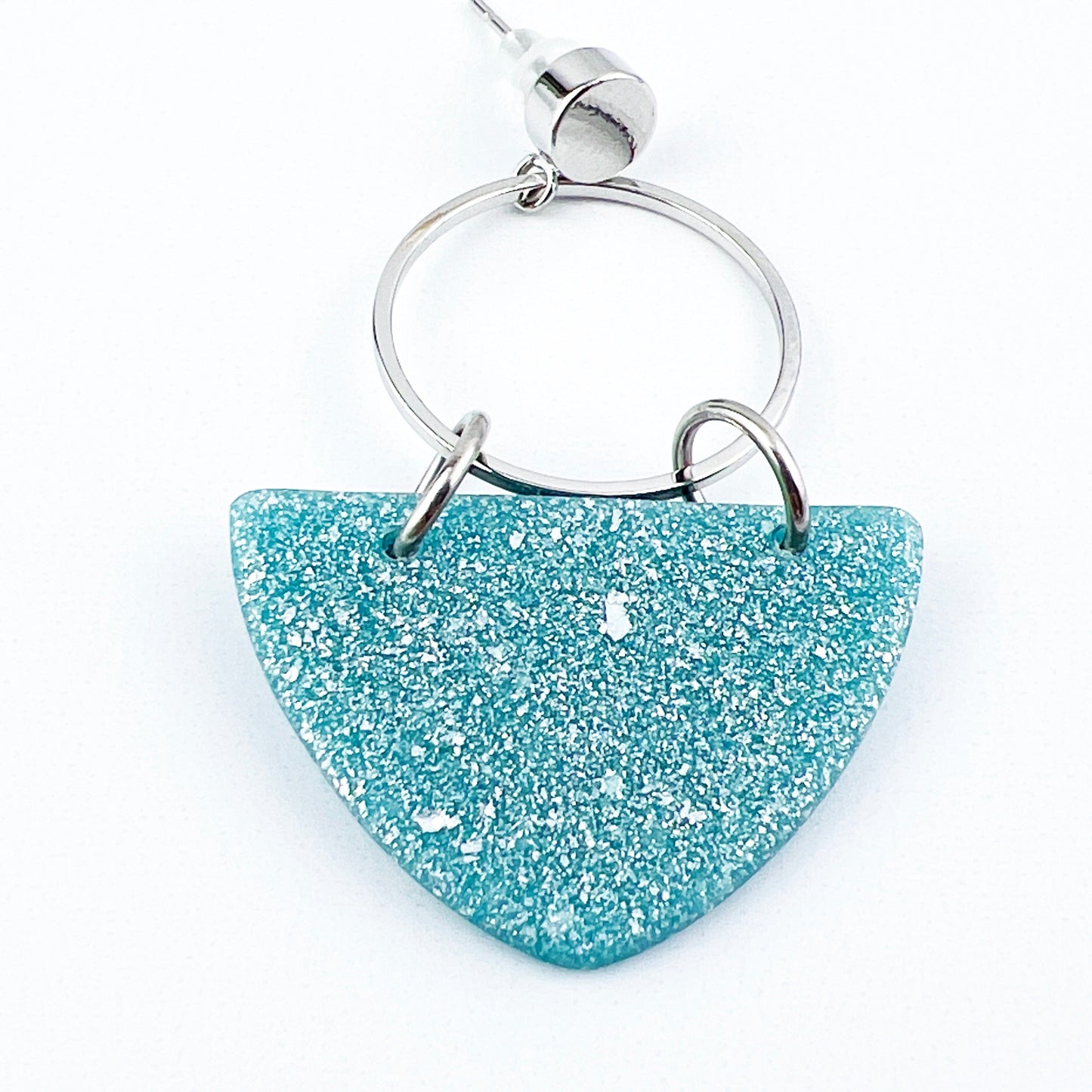 Earrings Kalani - Silver Circle & Shimmering Aqua Curved Triangle Earrings