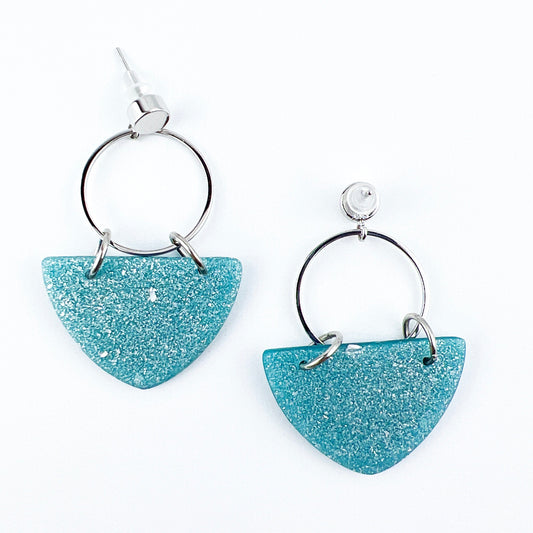 Earrings Kalani - Silver Circle & Shimmering Aqua Curved Triangle Earrings