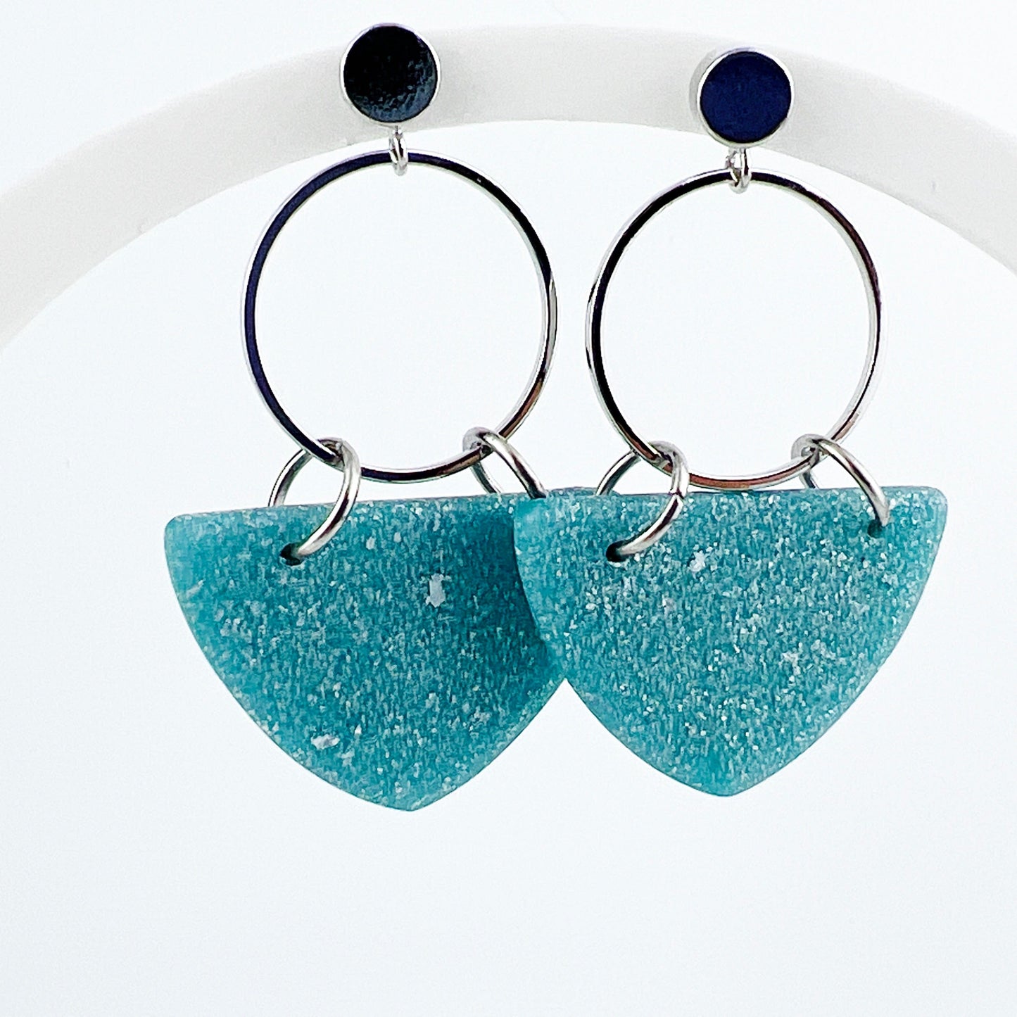 Earrings Kalani - Silver Circle & Shimmering Aqua Curved Triangle Earrings