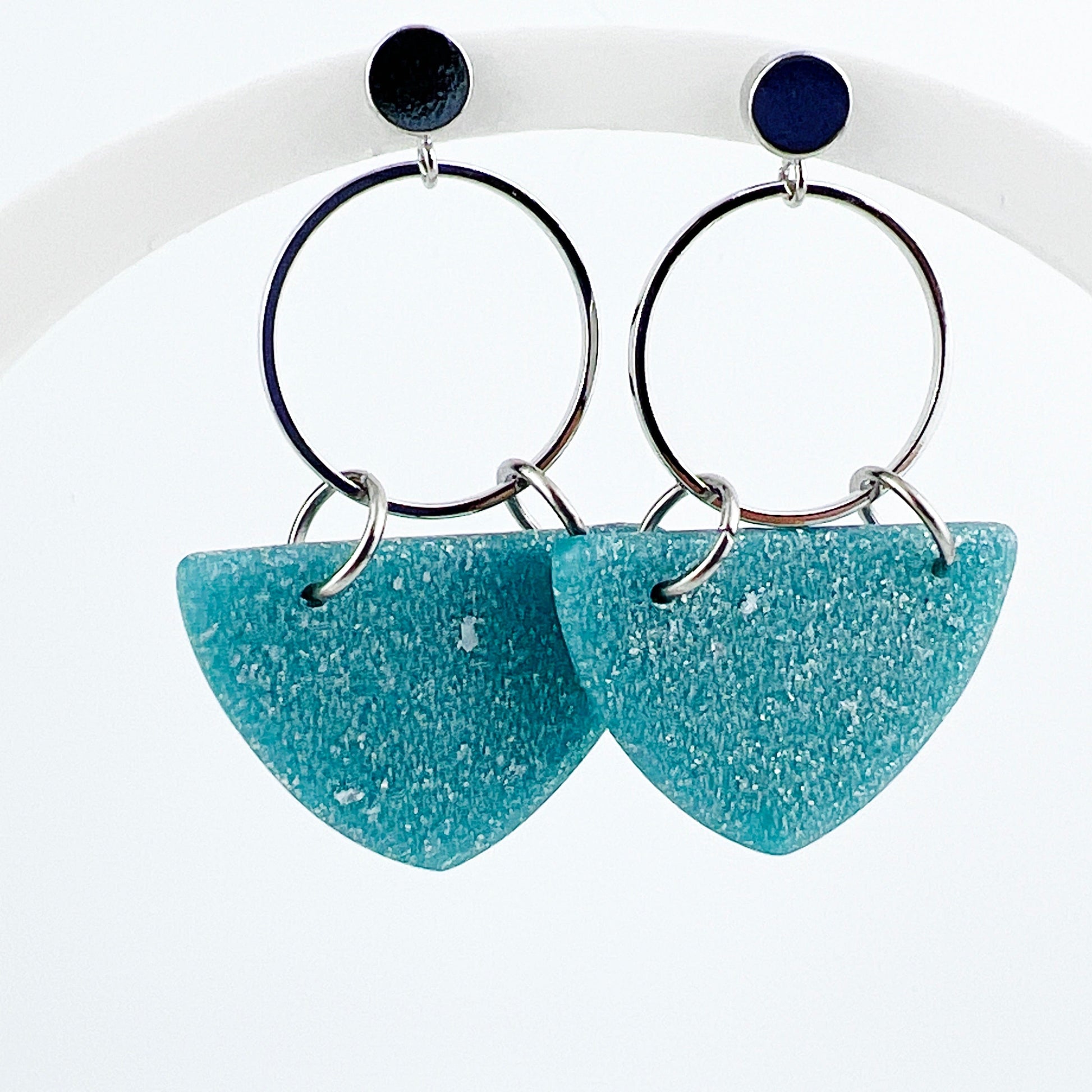 Earrings Kalani - Silver Circle & Shimmering Aqua Curved Triangle Earrings