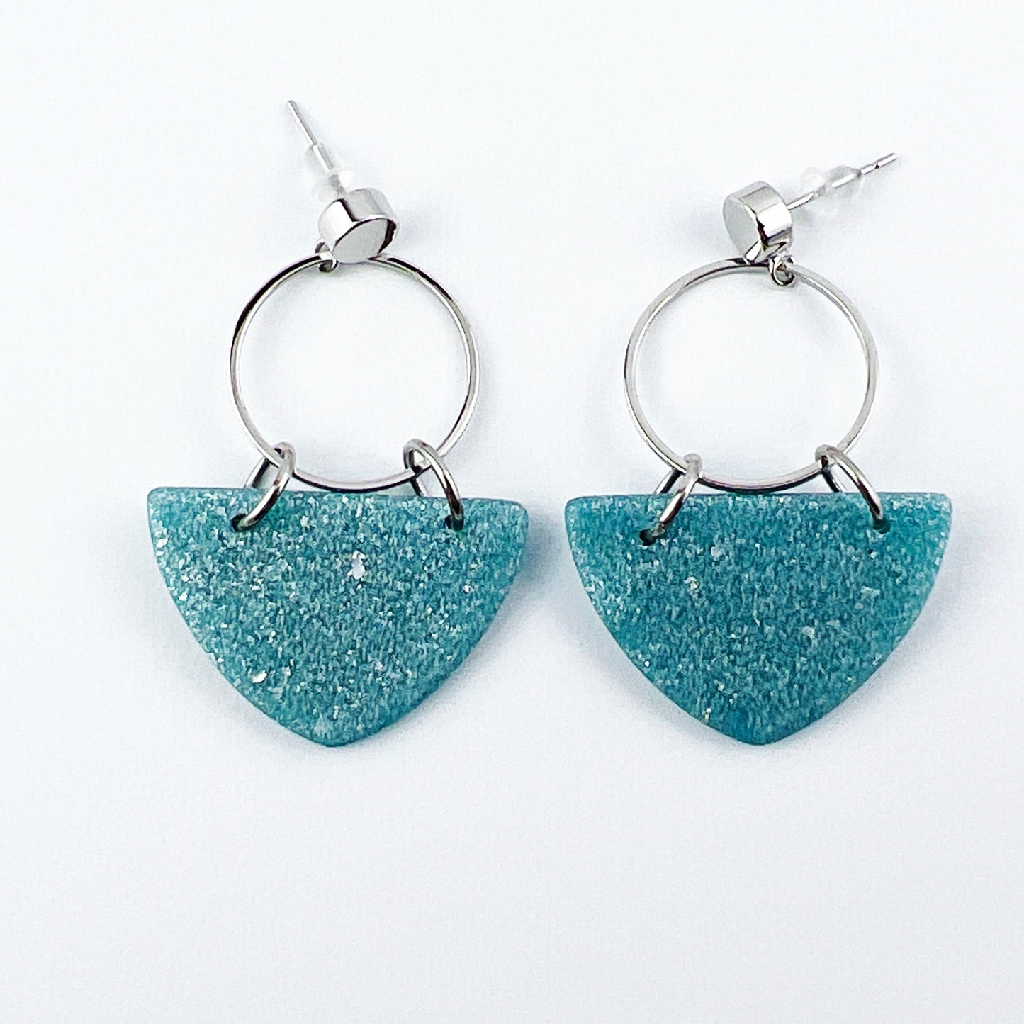 Earrings Kalani - Silver Circle & Shimmering Aqua Curved Triangle Earrings