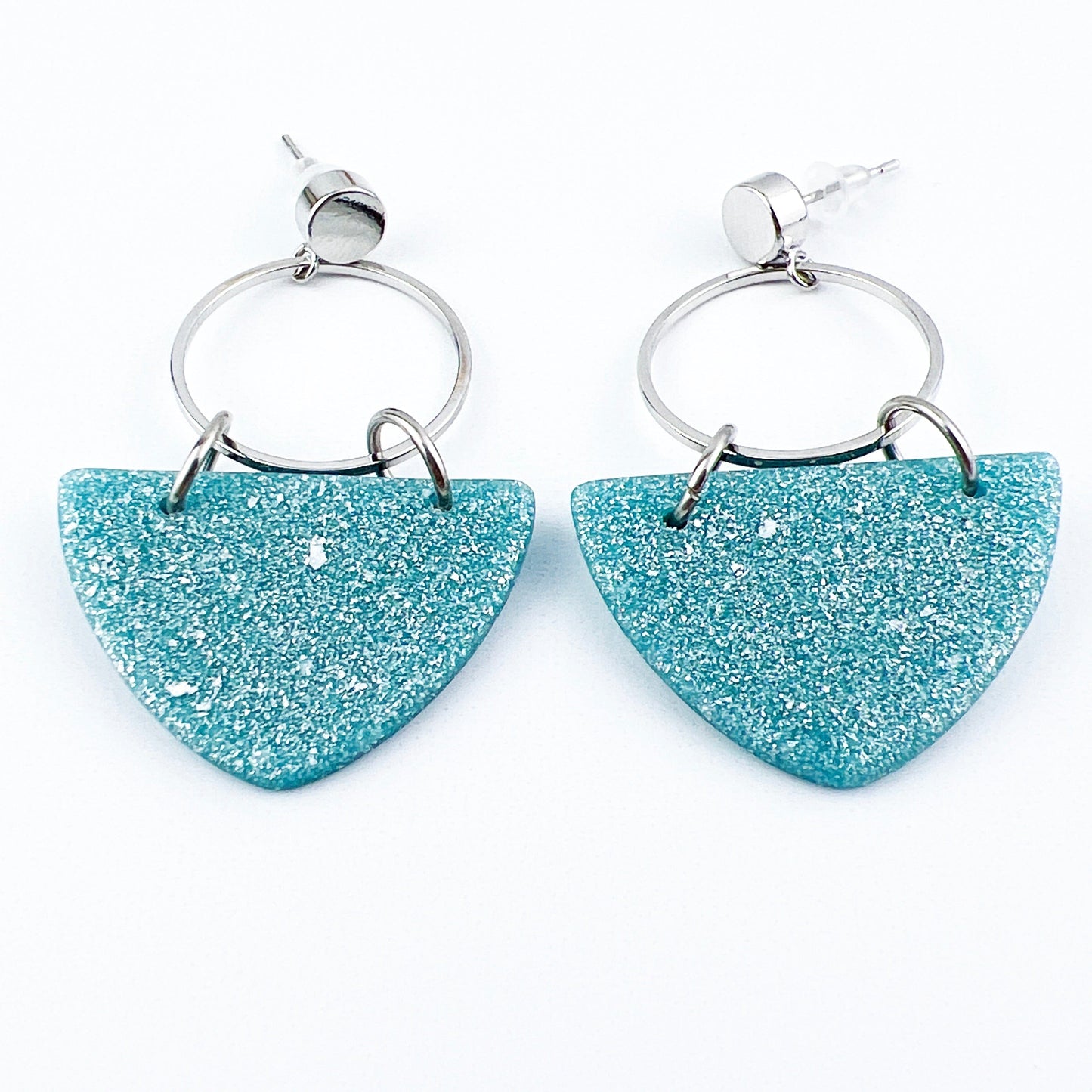 Earrings Kalani - Silver Circle & Shimmering Aqua Curved Triangle Earrings