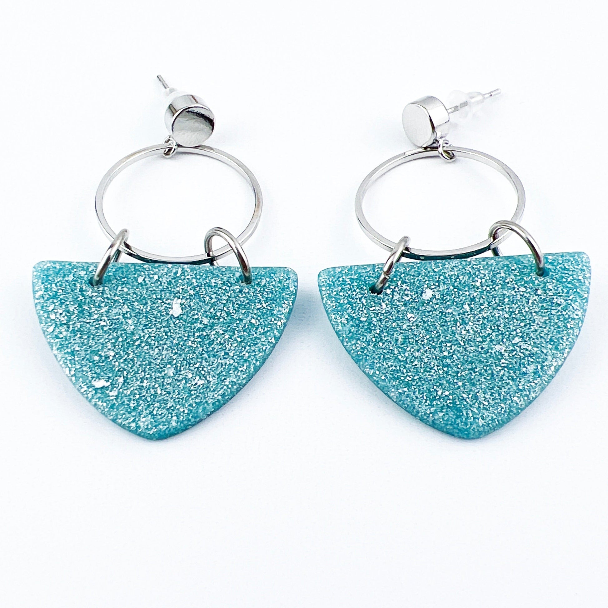 Earrings Kalani - Silver Circle & Shimmering Aqua Curved Triangle Earrings
