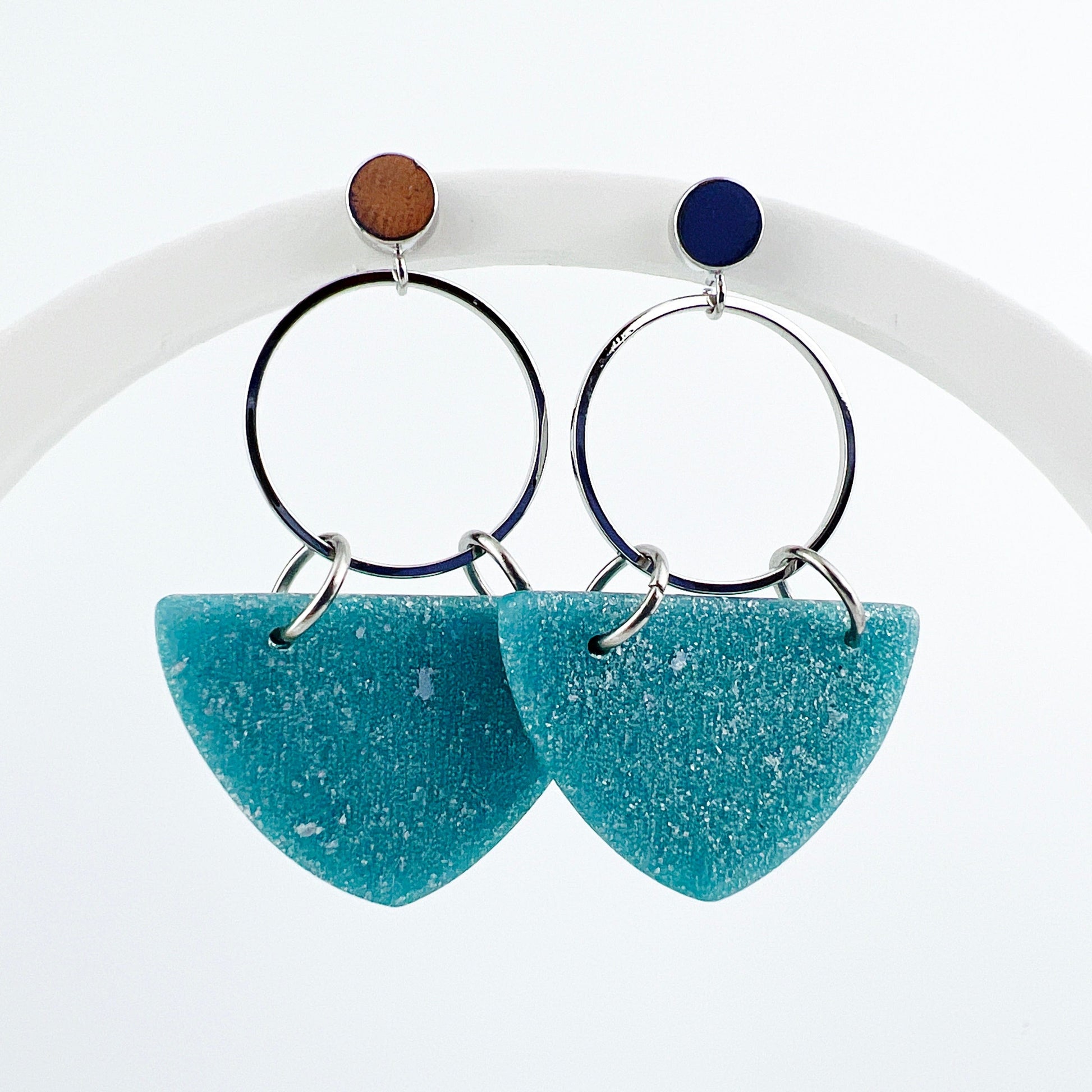 Earrings Kalani - Silver Circle & Shimmering Aqua Curved Triangle Earrings