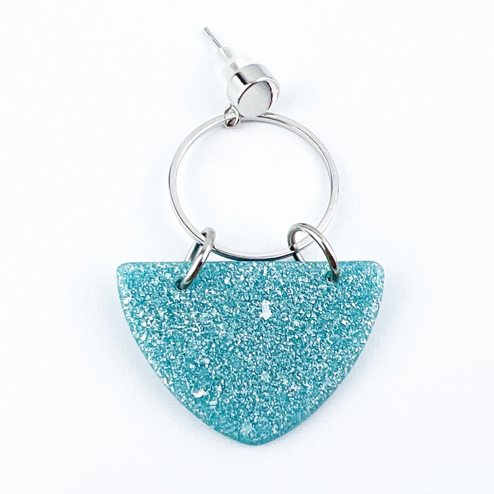 Earrings Kalani - Silver Circle & Shimmering Aqua Curved Triangle Earrings