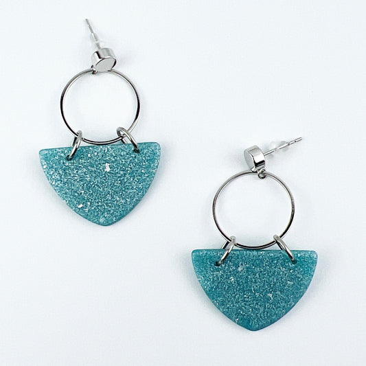 Earrings Kalani - Silver Circle & Shimmering Aqua Curved Triangle Earrings
