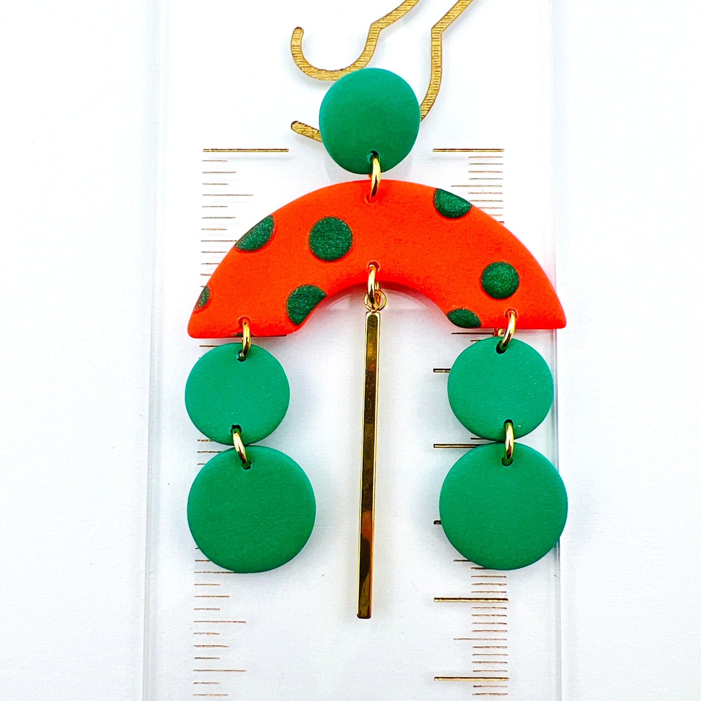Earrings Orange Arches with Green Polka Dots - Earrings