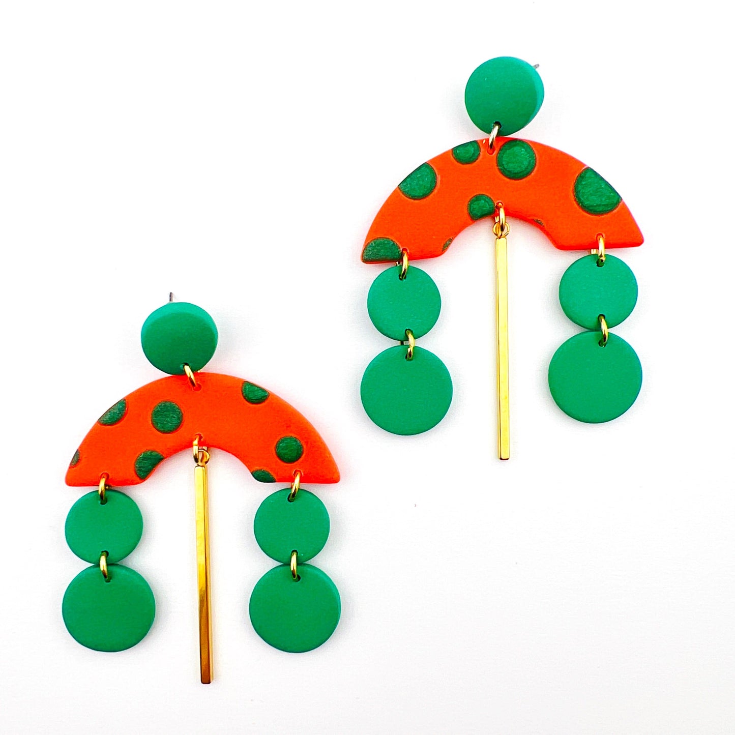 Earrings Orange Arches with Green Polka Dots - Earrings