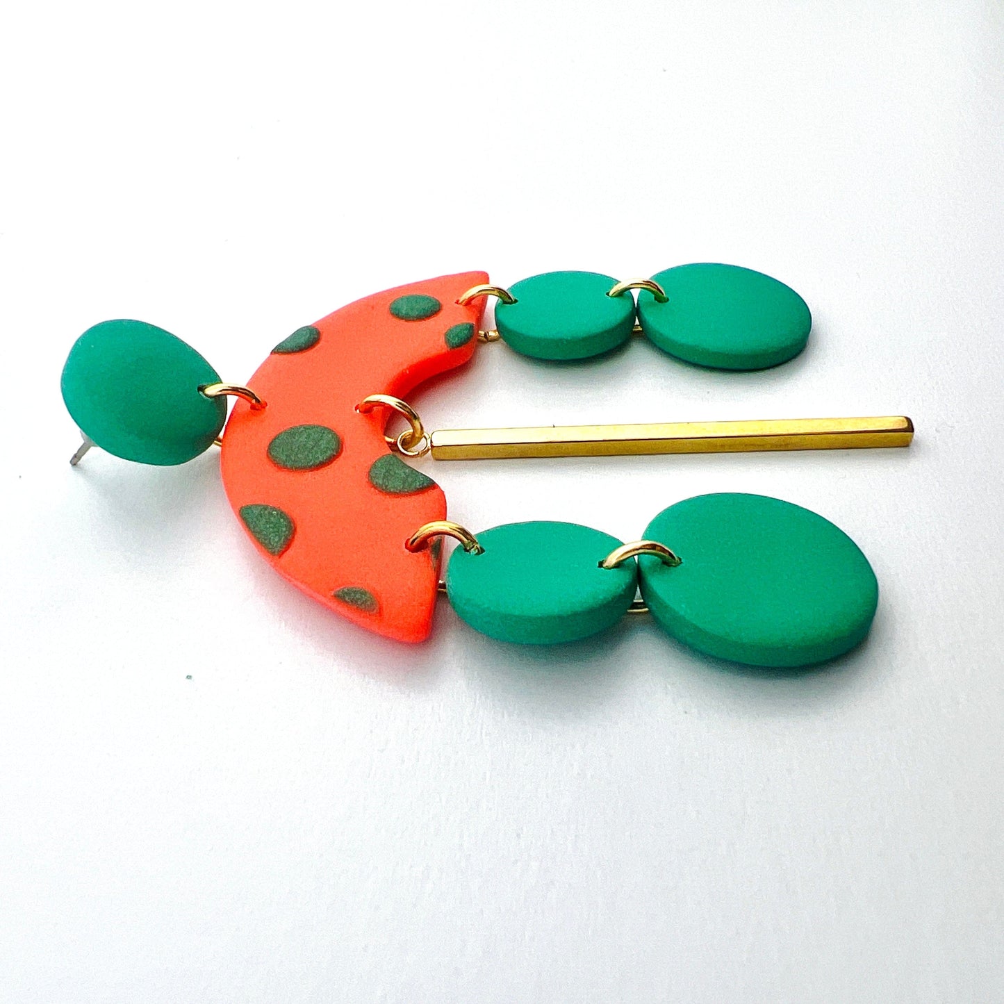Earrings Orange Arches with Green Polka Dots - Earrings