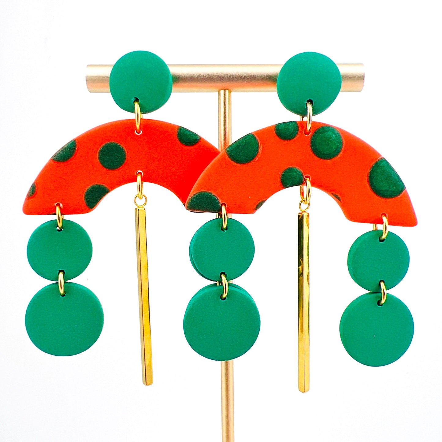 Earrings Orange Arches with Green Polka Dots - Earrings