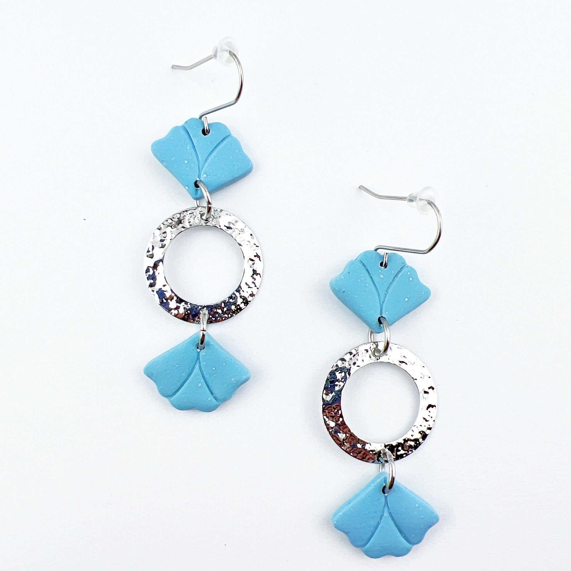 Earrings Sema - Blue Floral Leaf Earrings with Hammered Circles