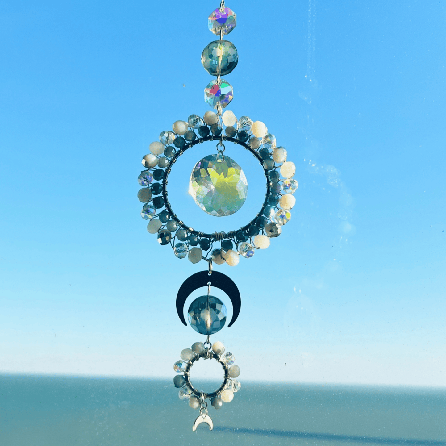Suncatchers Celestial Moon Drift Suncatcher – White & Blue Beaded Window Decor